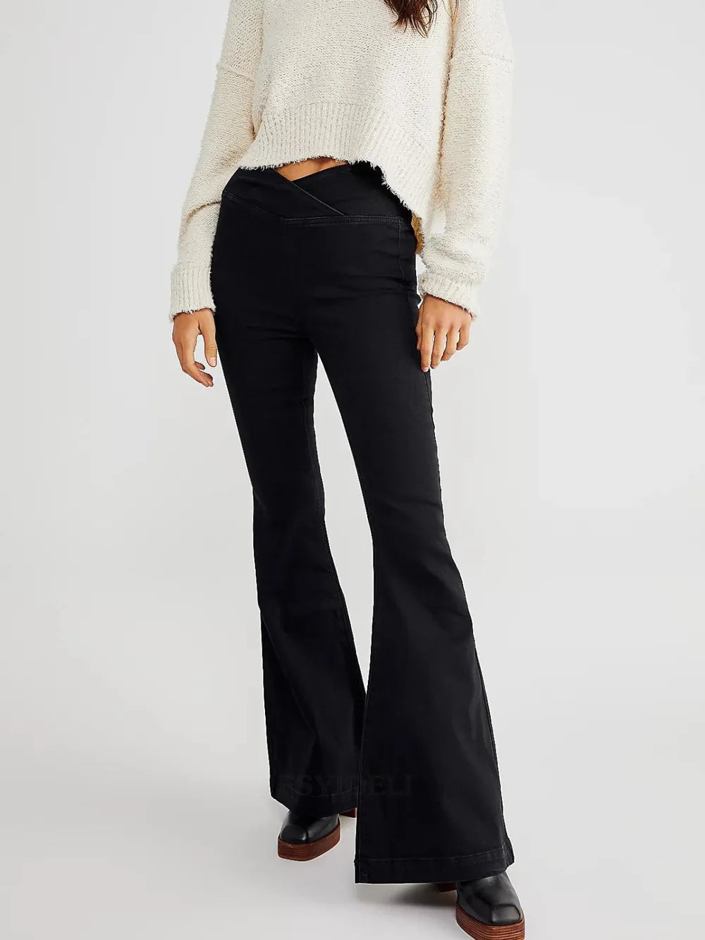 Asymmetric Waist Flare Jeans in Black by O@B@L