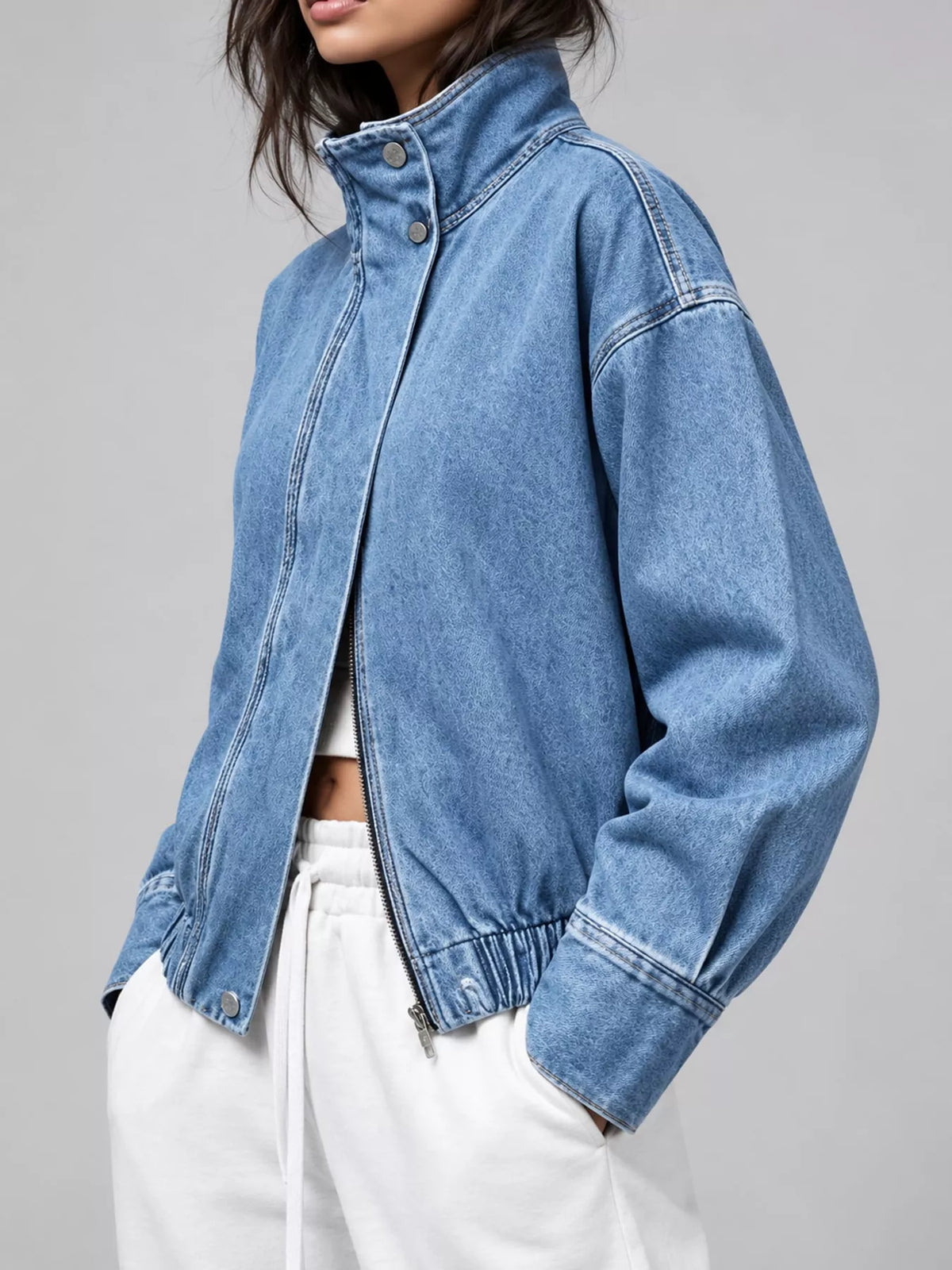 Stand-Collar Zip-Up Denim Jacket