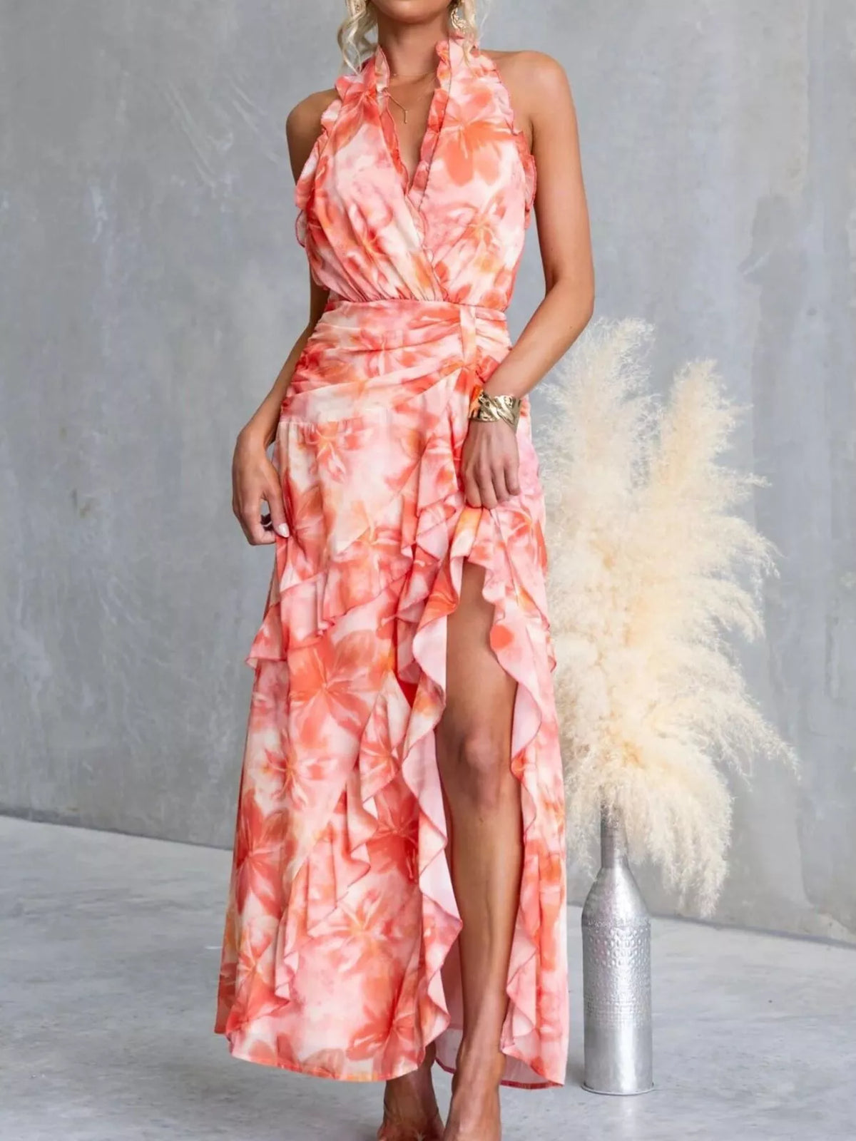 Floral Ruffle Halter Neck Maxi Dress