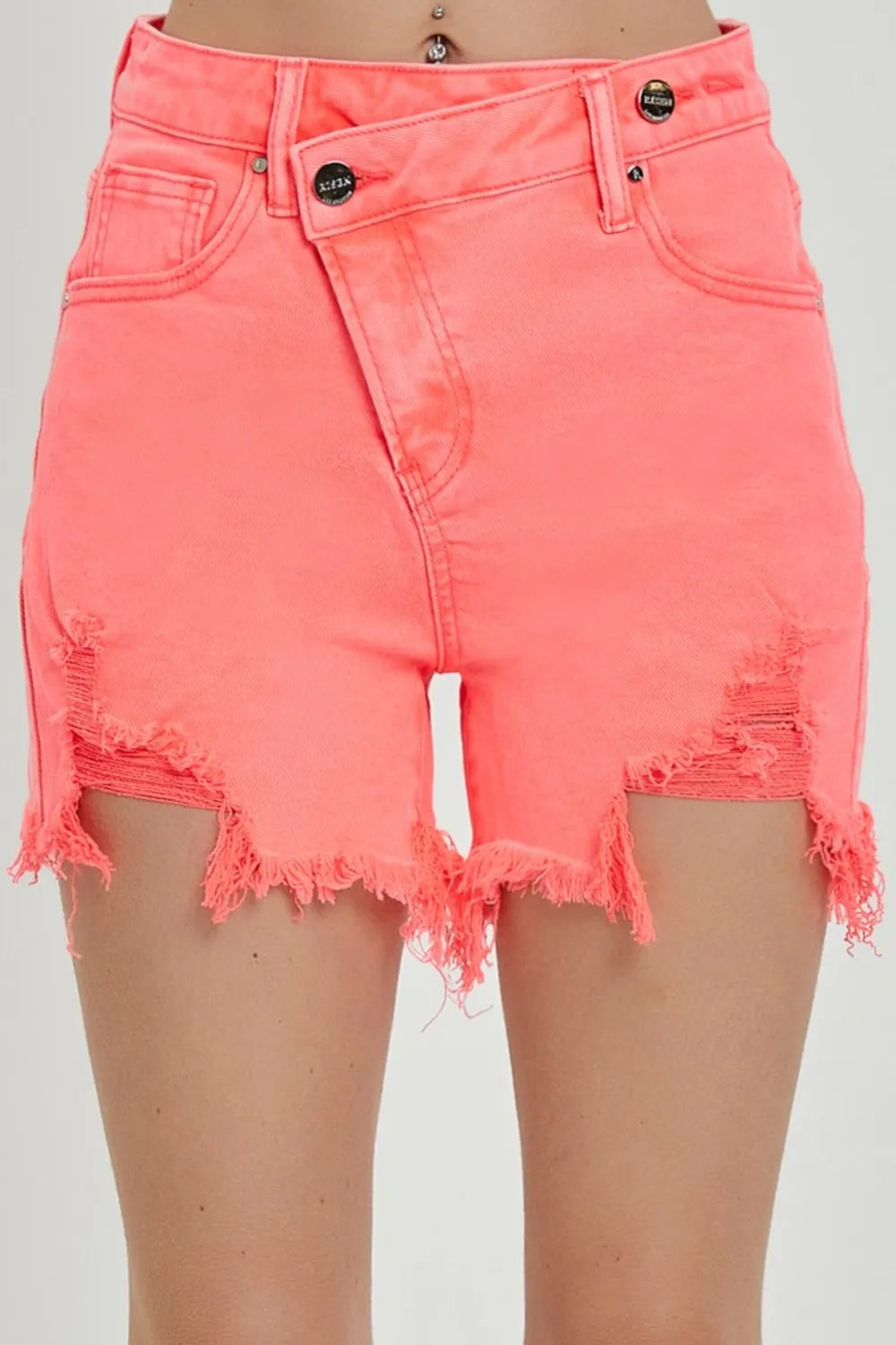 Risen Raw Hem Denim Shorts in Coral Pink