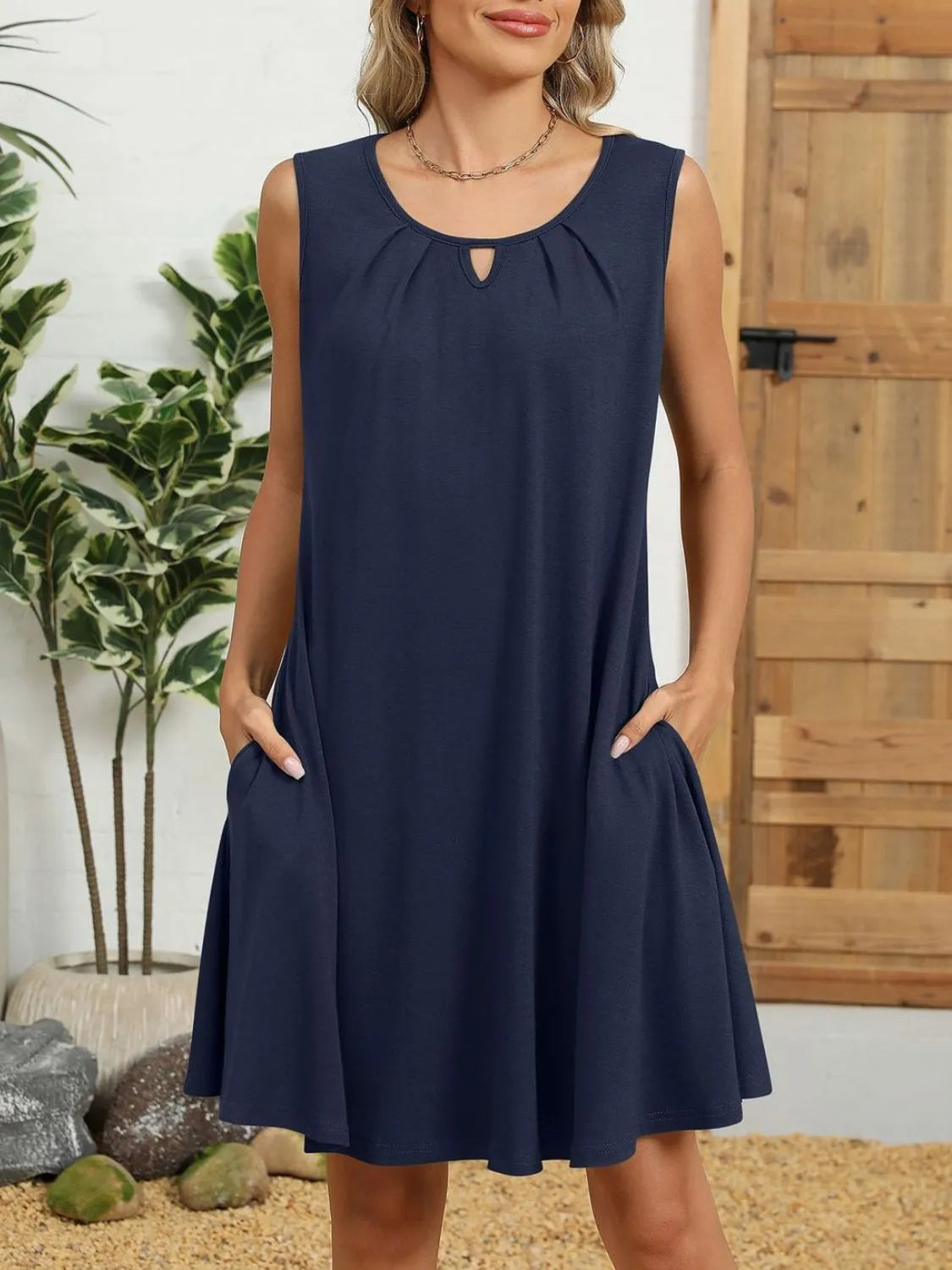Ruched Round Neck Sleeveless Dress with Pockets