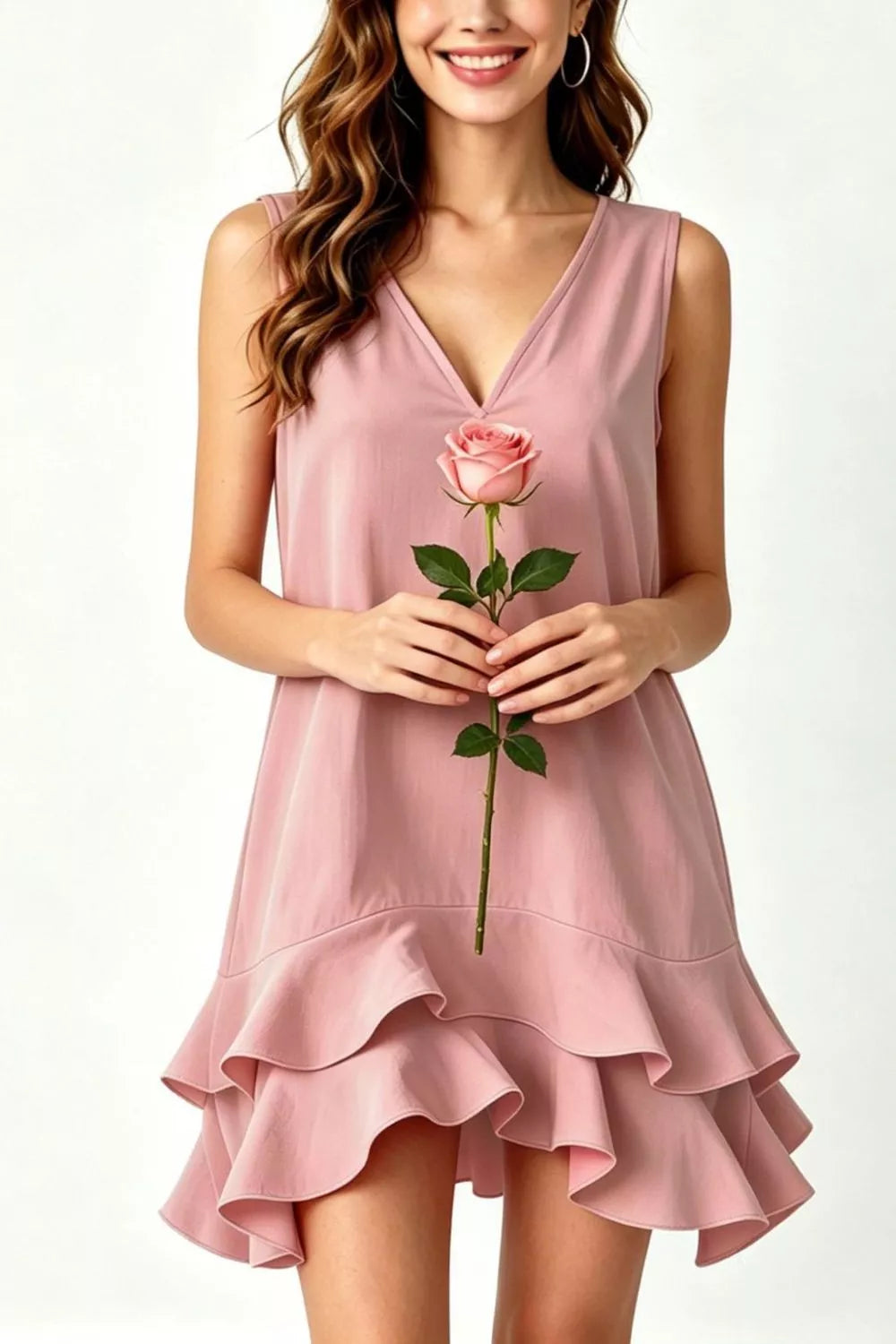 Sleeveless V-Neck Ruffle Hem Mini Dress in Taupe