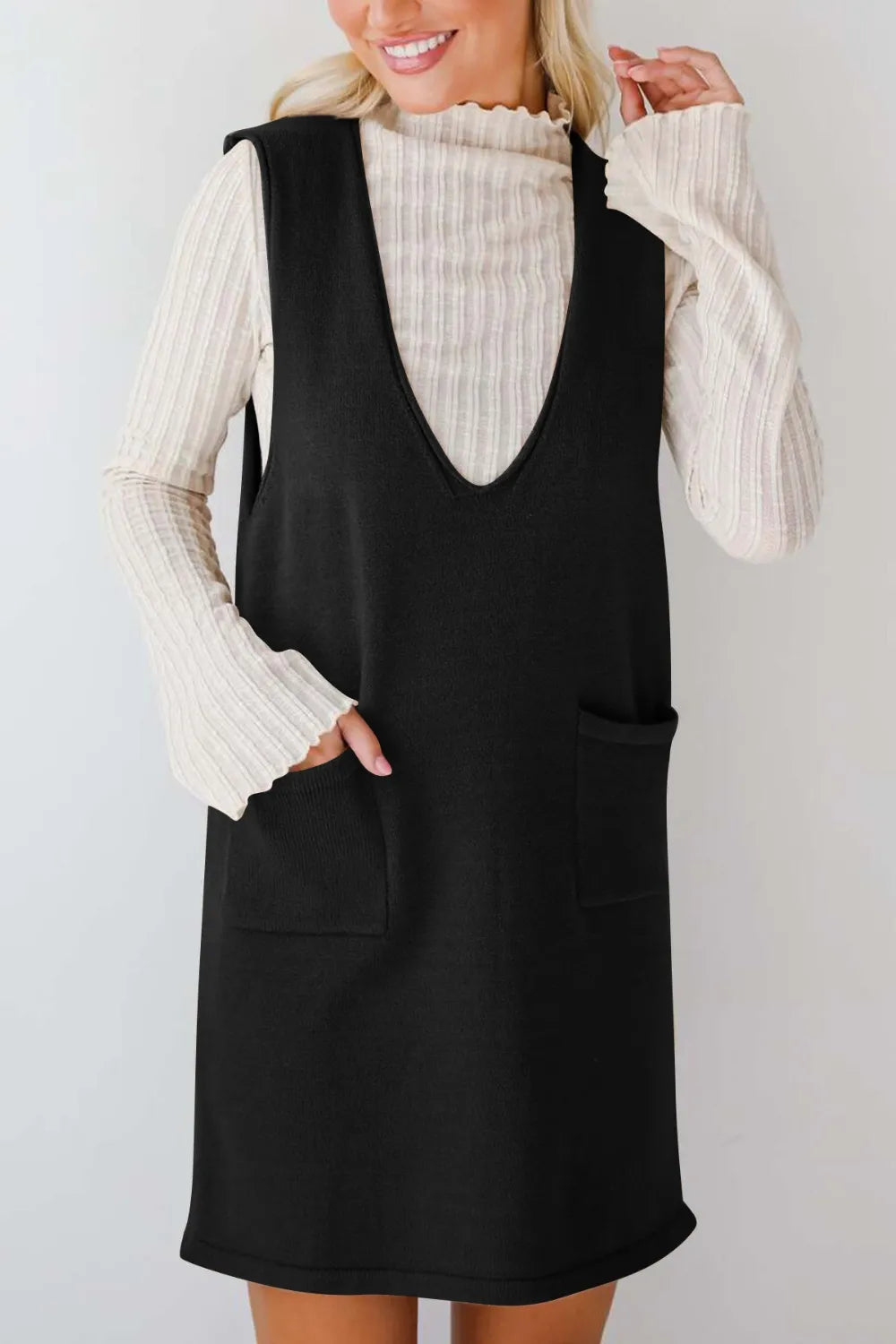 Pocketed V-Neck Sweater Overall Dress