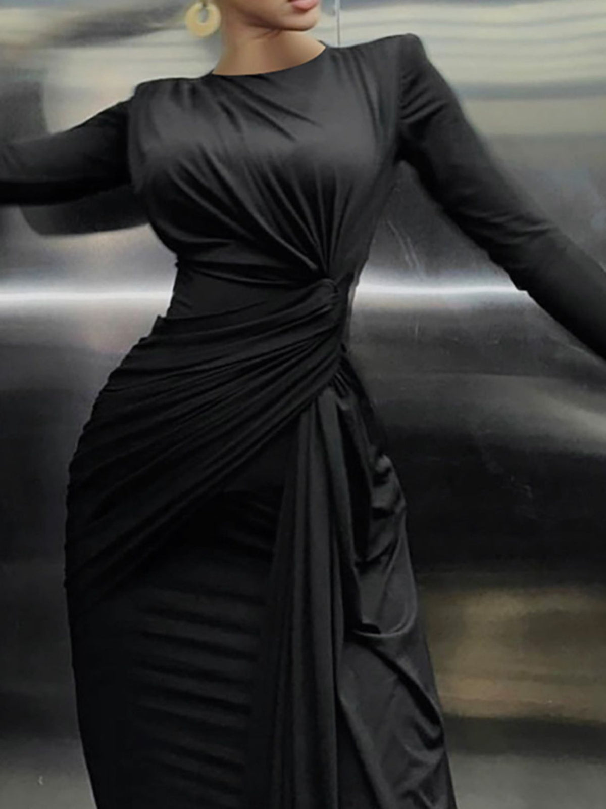Ruched Knot-Front Long Sleeve Maxi Dress