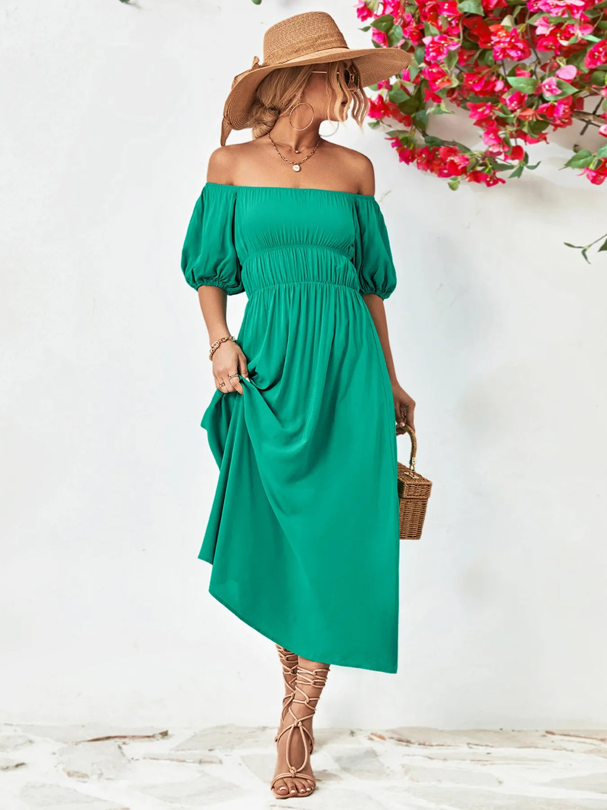 Off-Shoulder Puff-Sleeve Smocked Maxi Dress