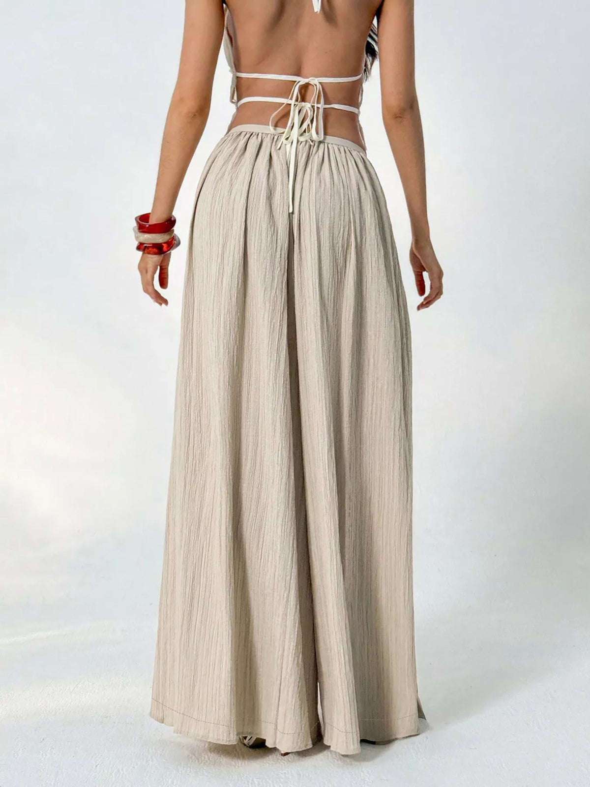 Wide-Leg Textured Pants in Khaki