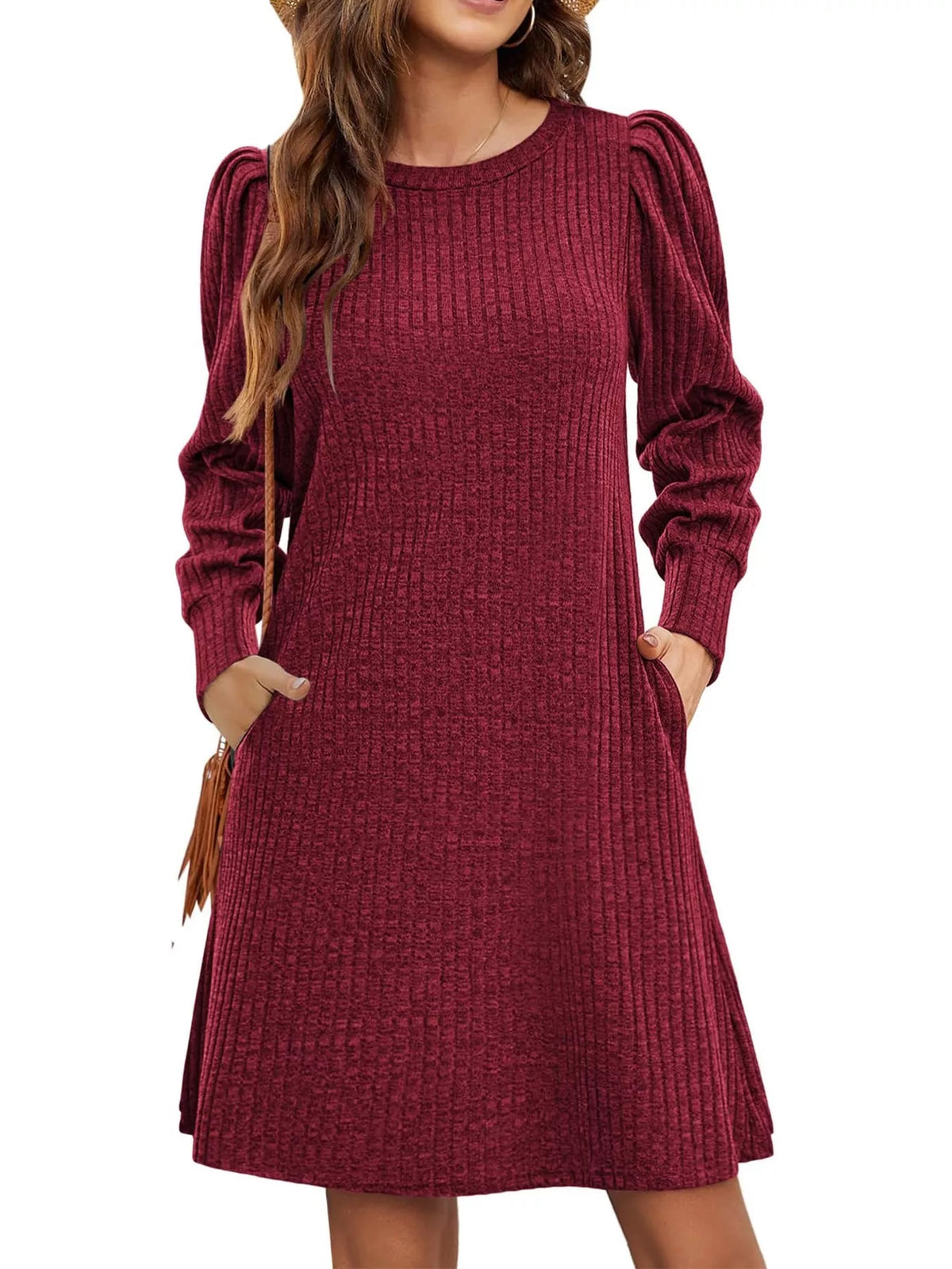 Puff Sleeve Ribbed Knit Dress with Pockets