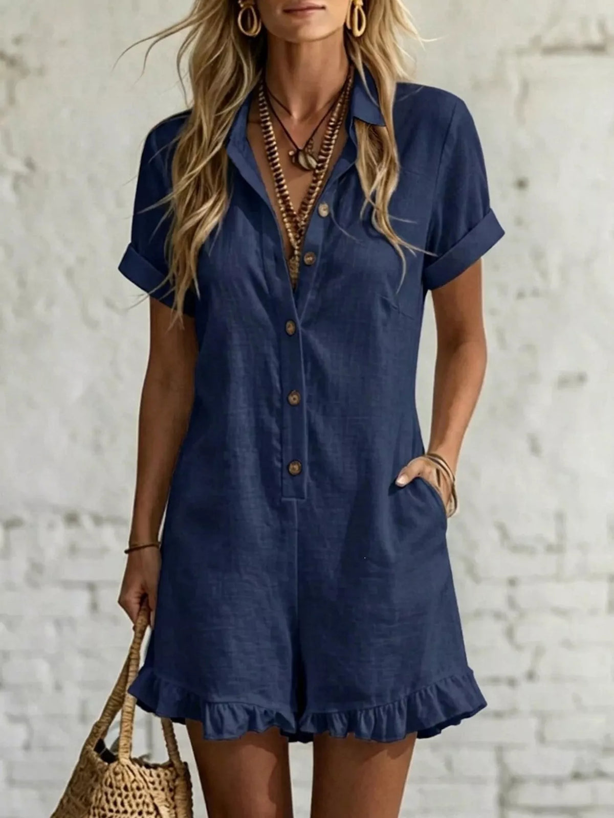 Button Front Ruffled Hem Romper