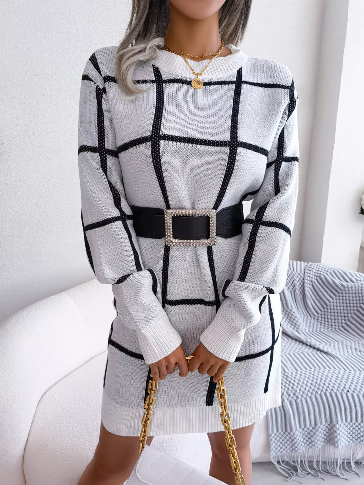 Plaid Long Sleeve Sweater Dress by Clise