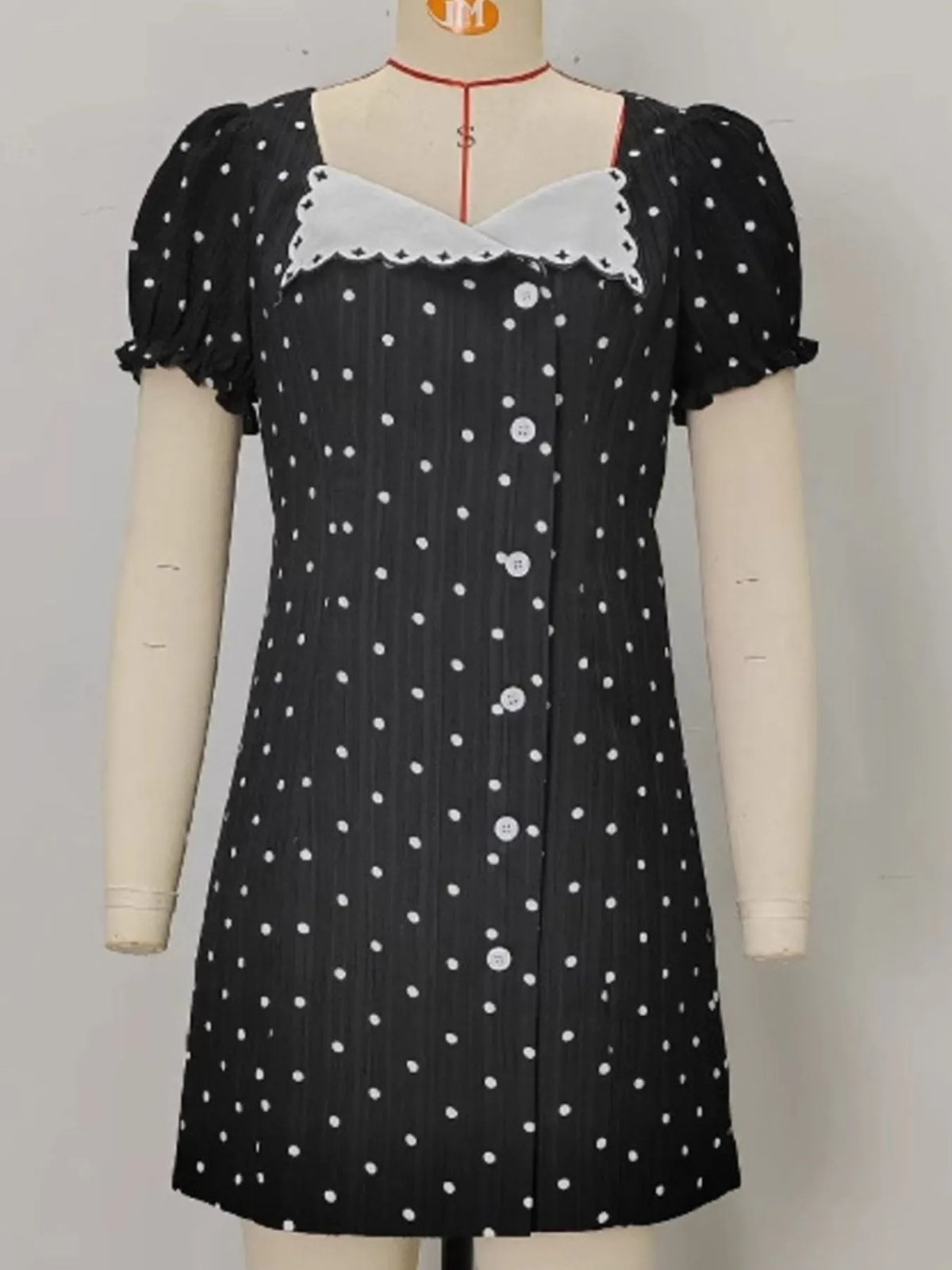 Polka Dot Puff Sleeve Mini Dress in Black