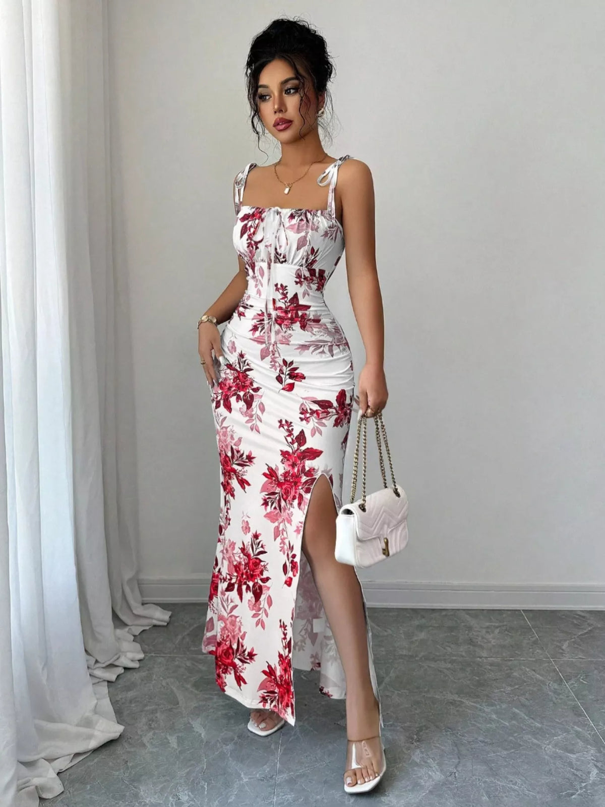 Printed Tie Strap Maxi Dress with Slit