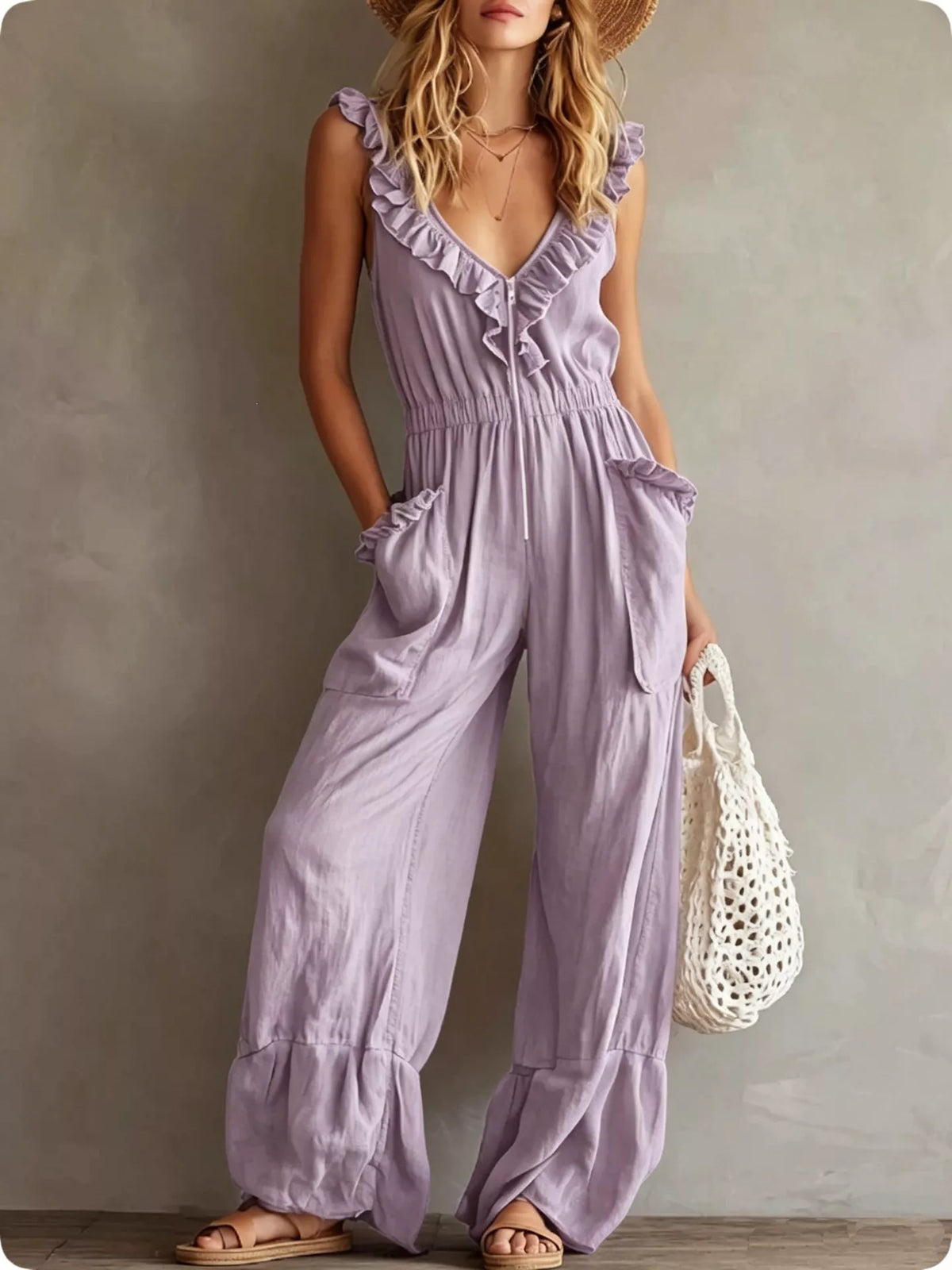 Ruffled V-Neck Jumpsuit with Pockets
