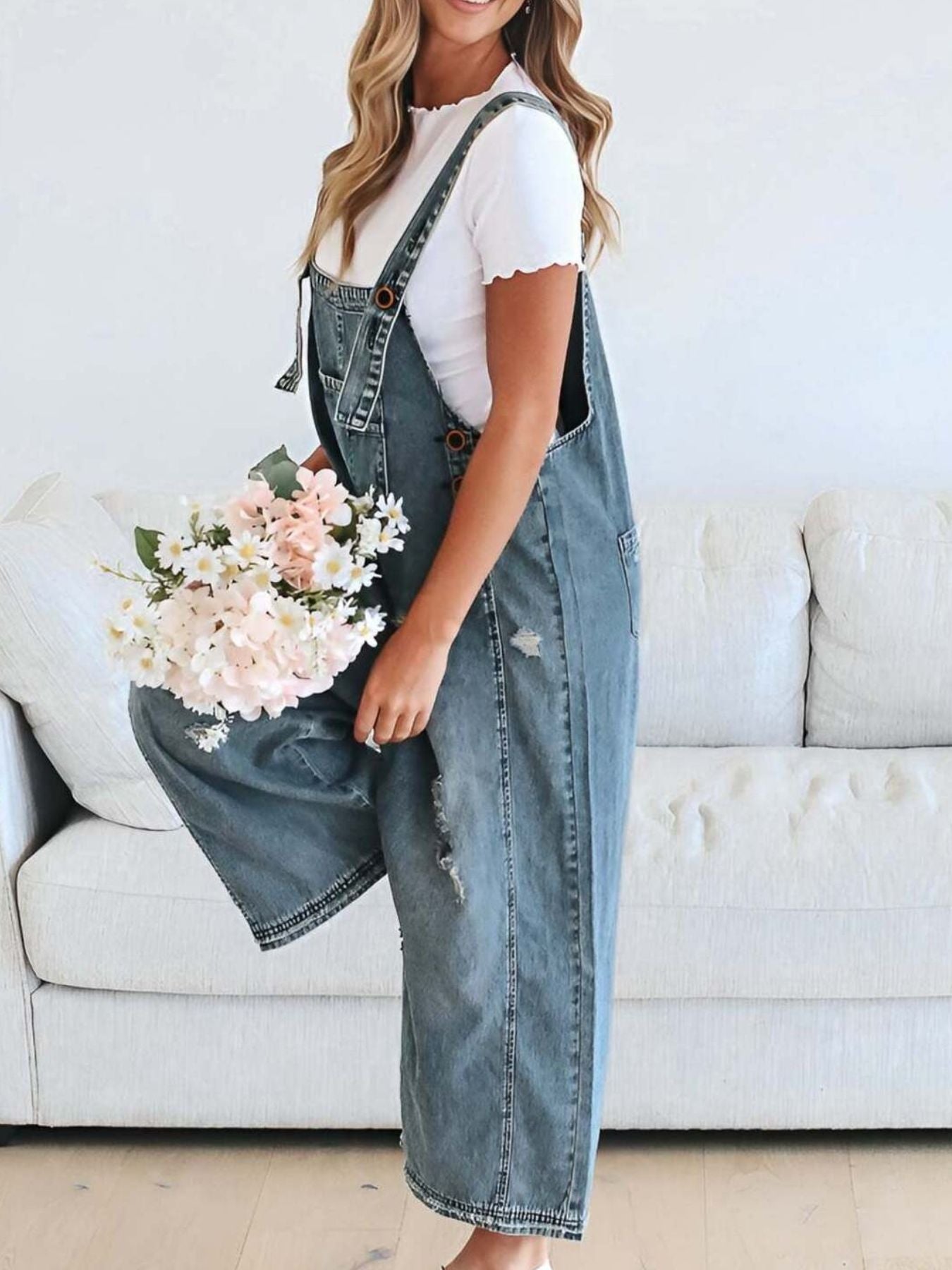 Distressed Wide Leg Denim Overalls by Dreamy Drapes