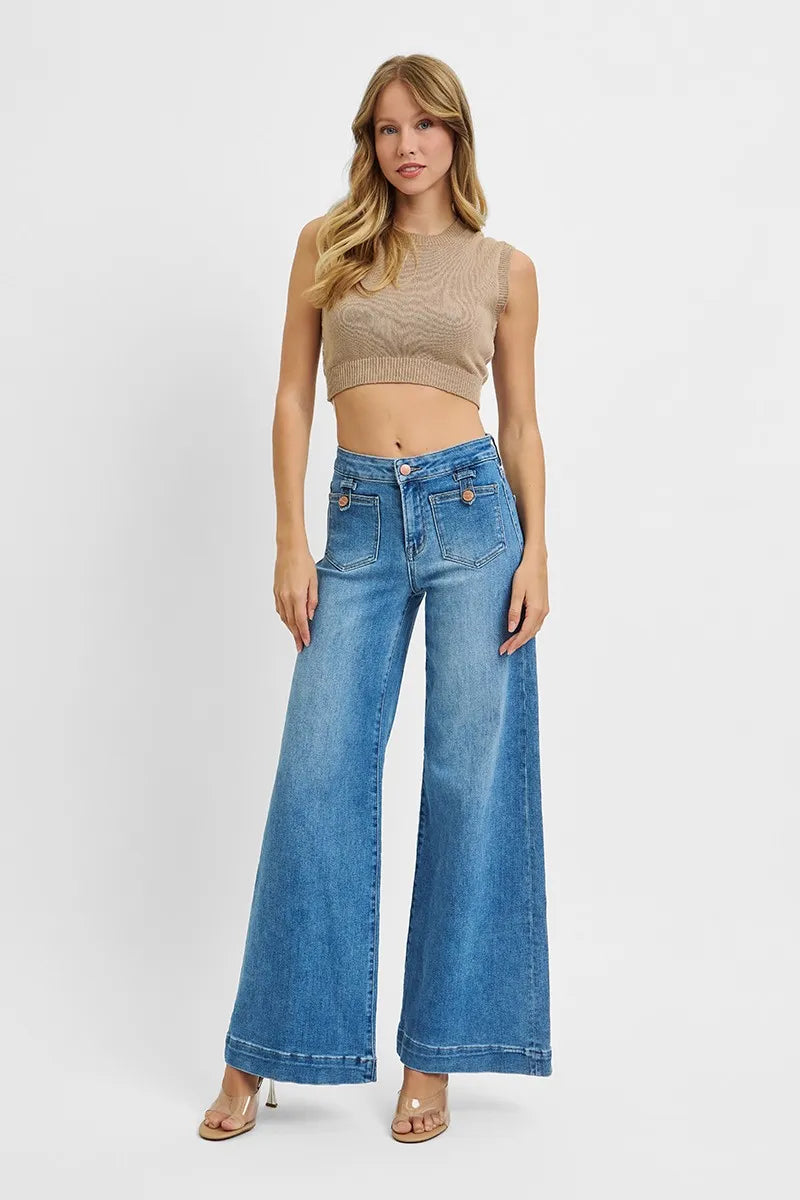 Risen Mid Rise Wide Leg Patch Pocket Jeans in Medium