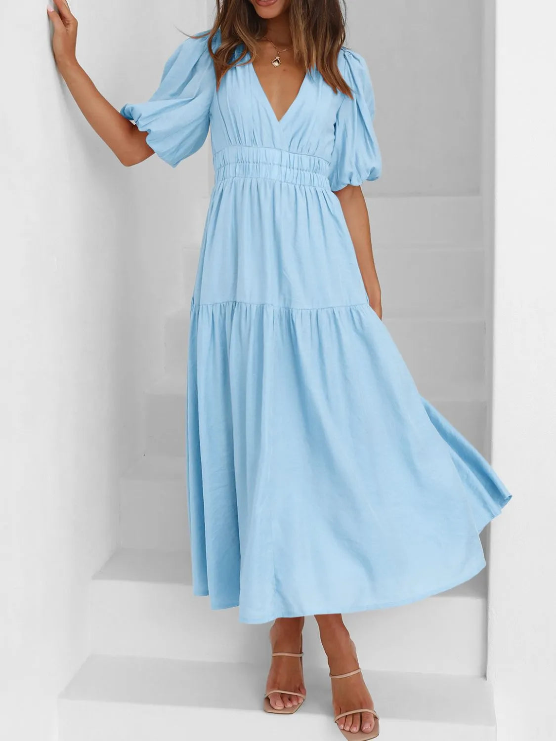 V-Neck Puff Sleeve Ruched Midi Dress