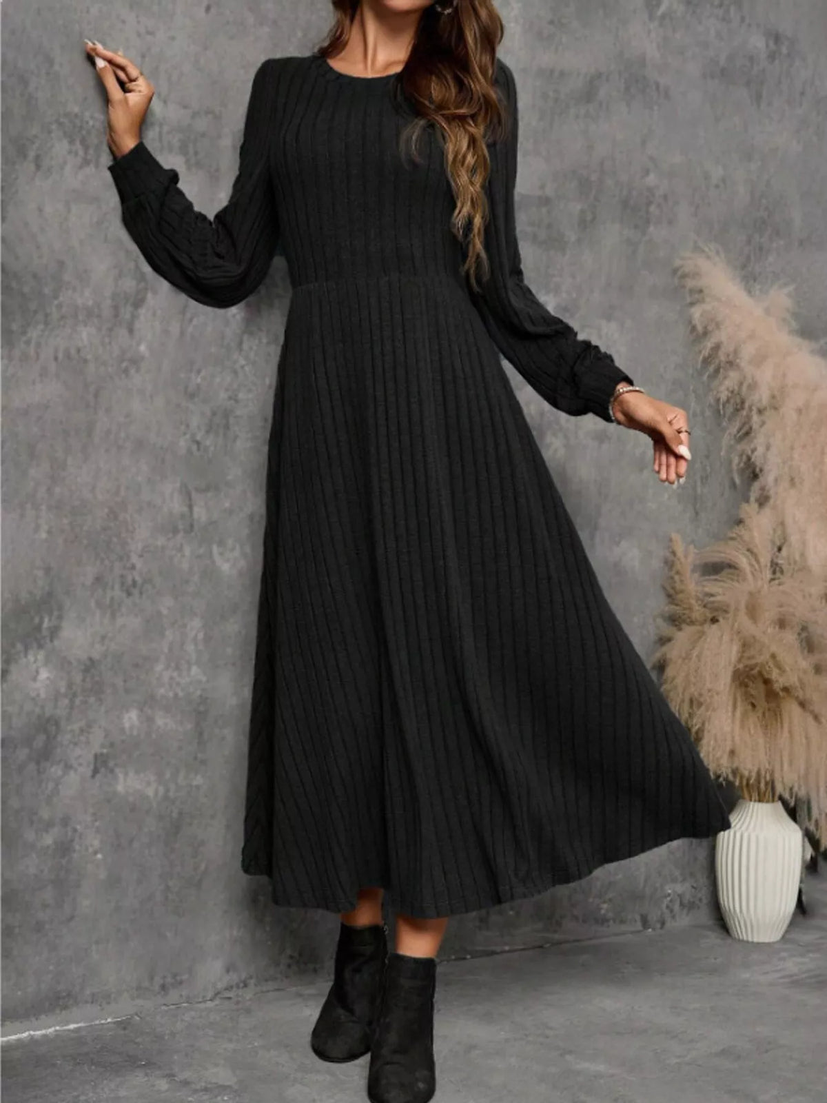Ribbed Knit A-Line Midi Dress