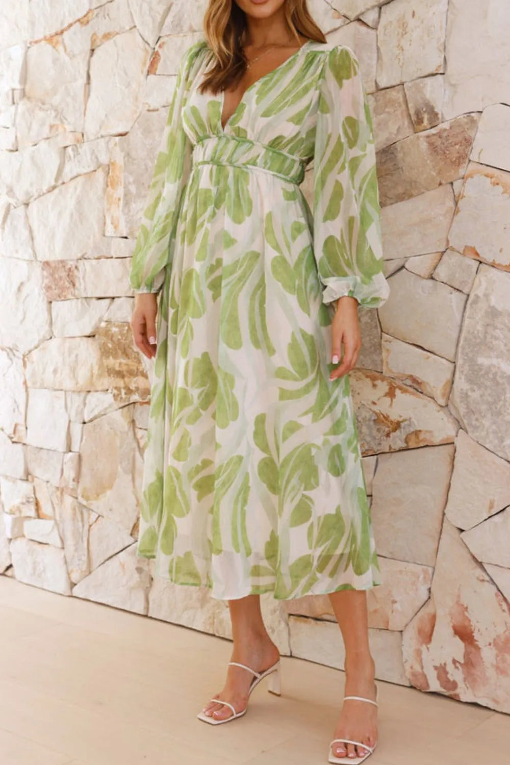 Ruched V-Neck Long Sleeve Midi Dress in Light Green
