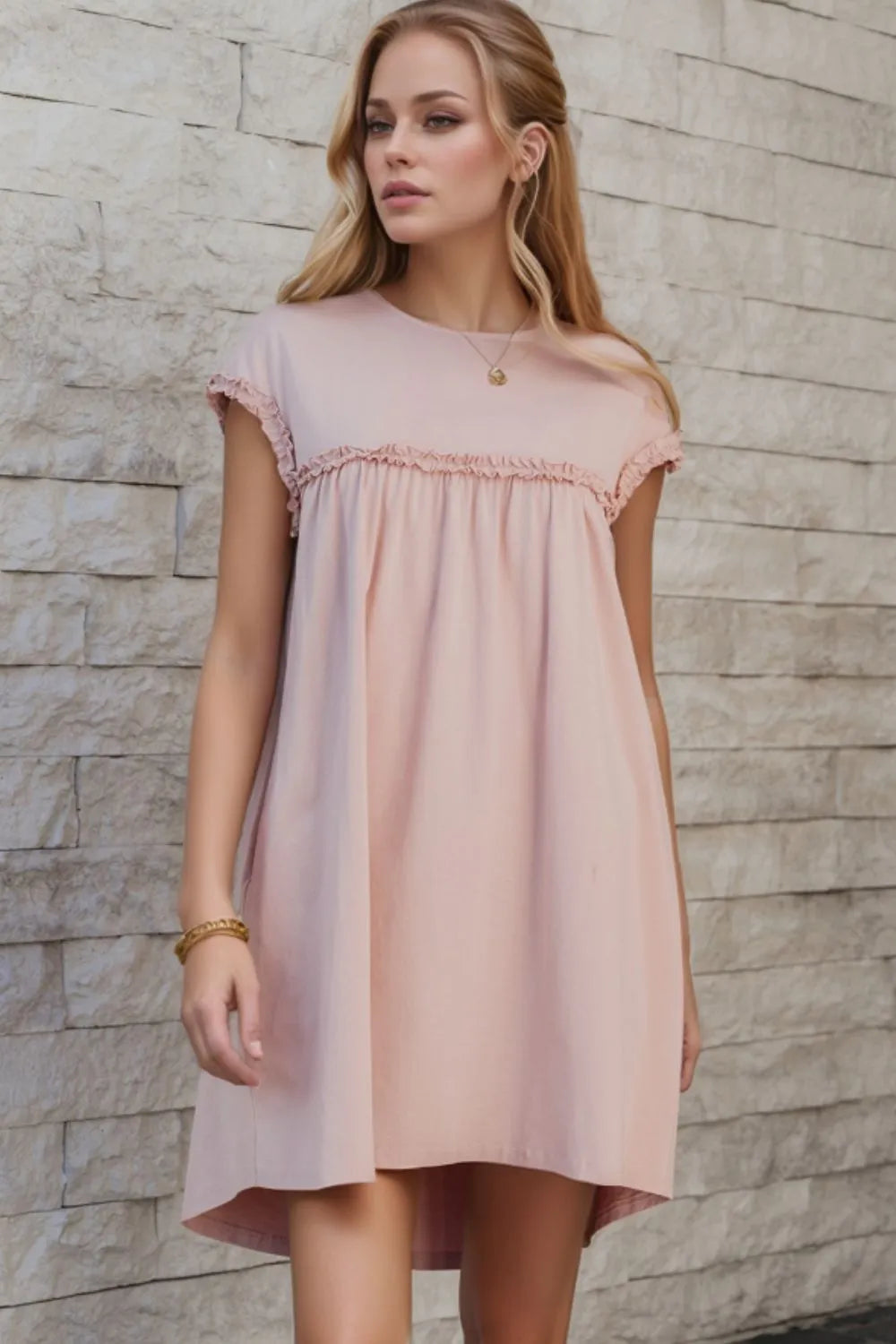 Frilled Trim Mini Dress in Dusty Pink