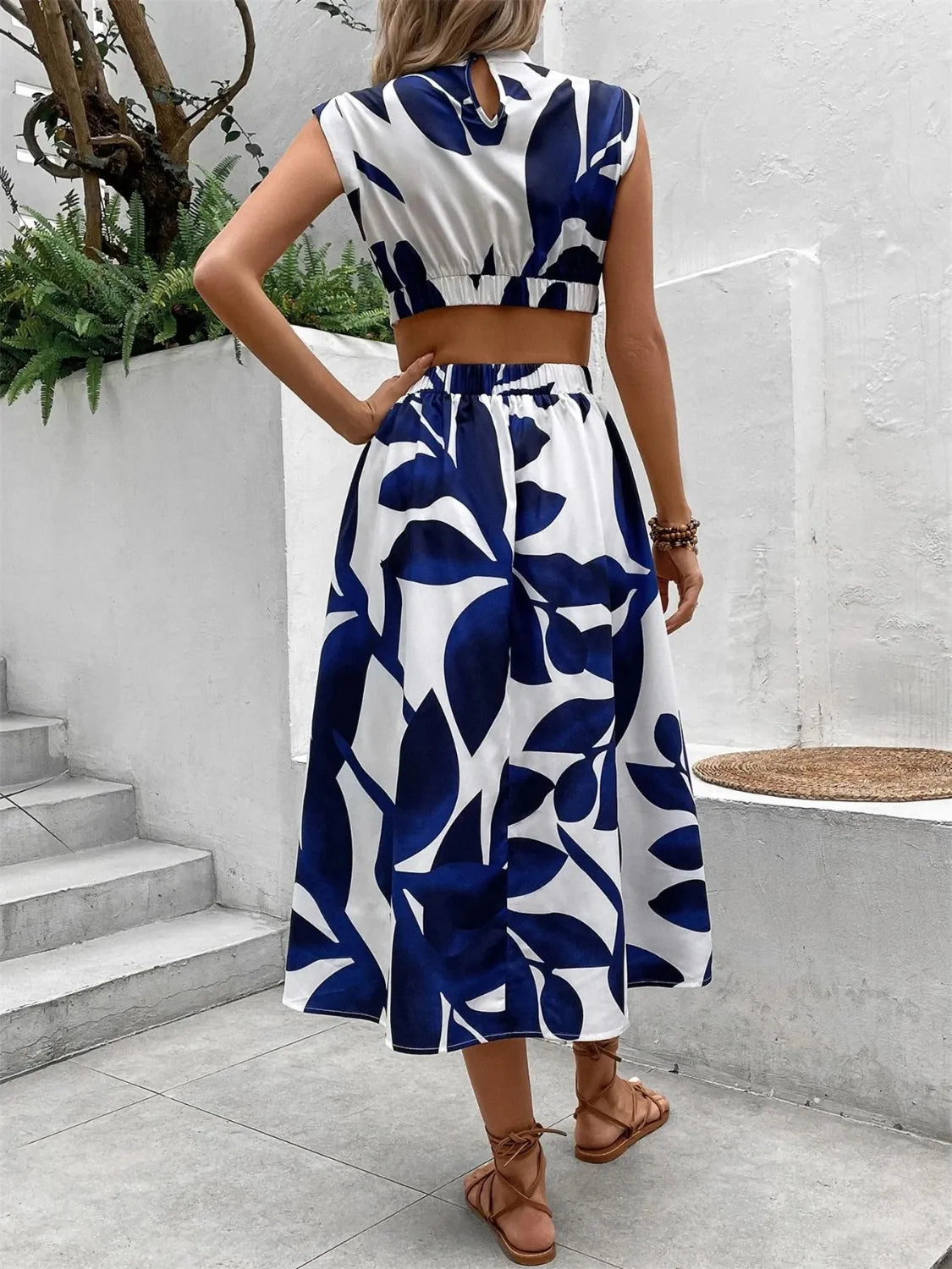 Cutout Cap Sleeve Printed Midi Dress