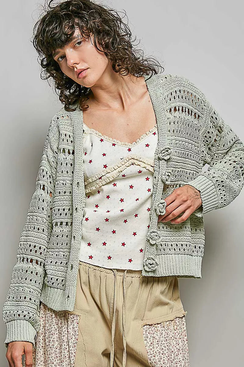Lime Open-Knit Floral Button Cardigan by POL