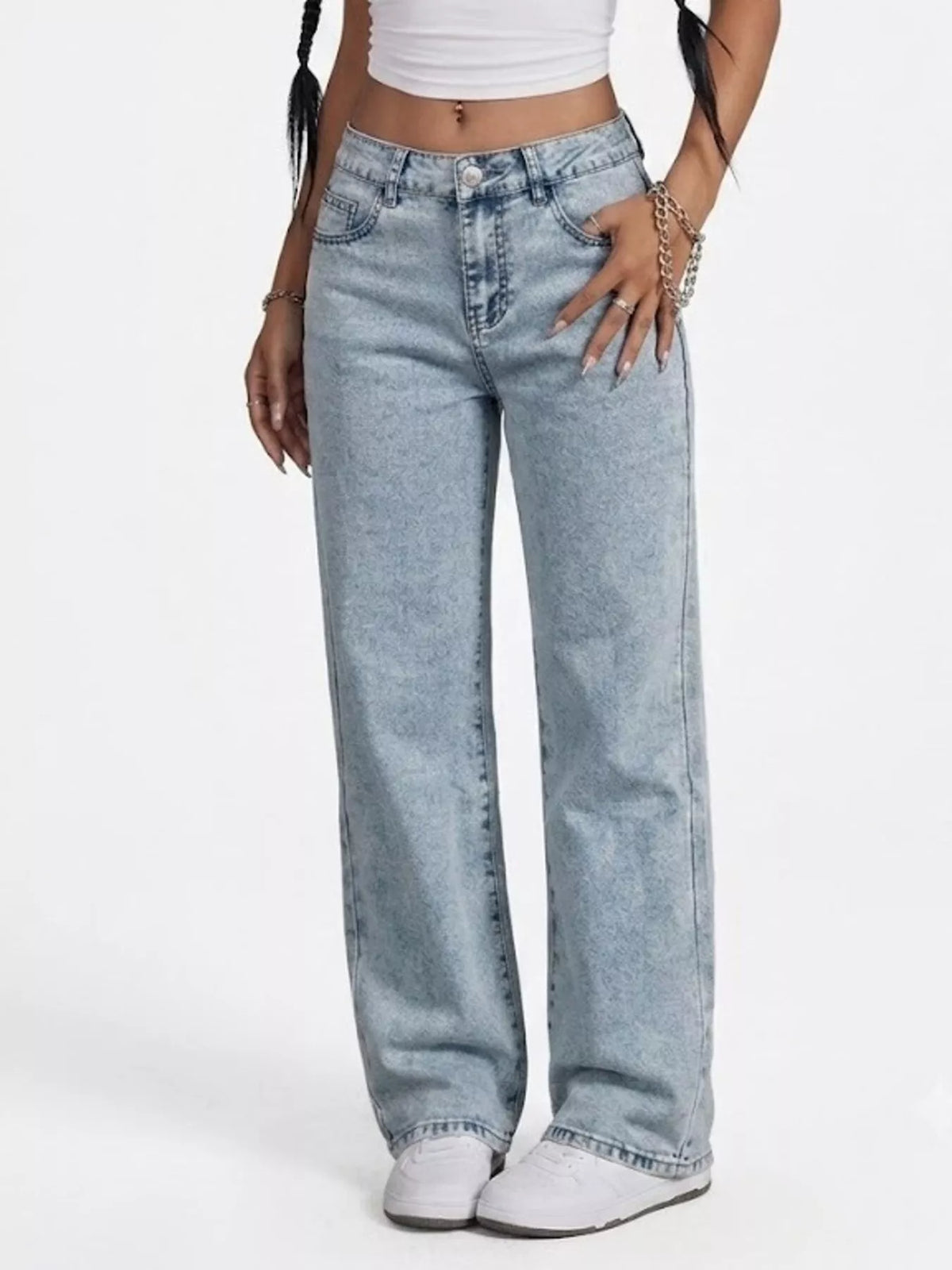 High-Waisted Acid Wash Straight Leg Jeans in Light Blue