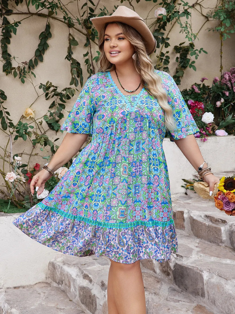 Ruffled Hem Lace Detail Dress in Sky Blue