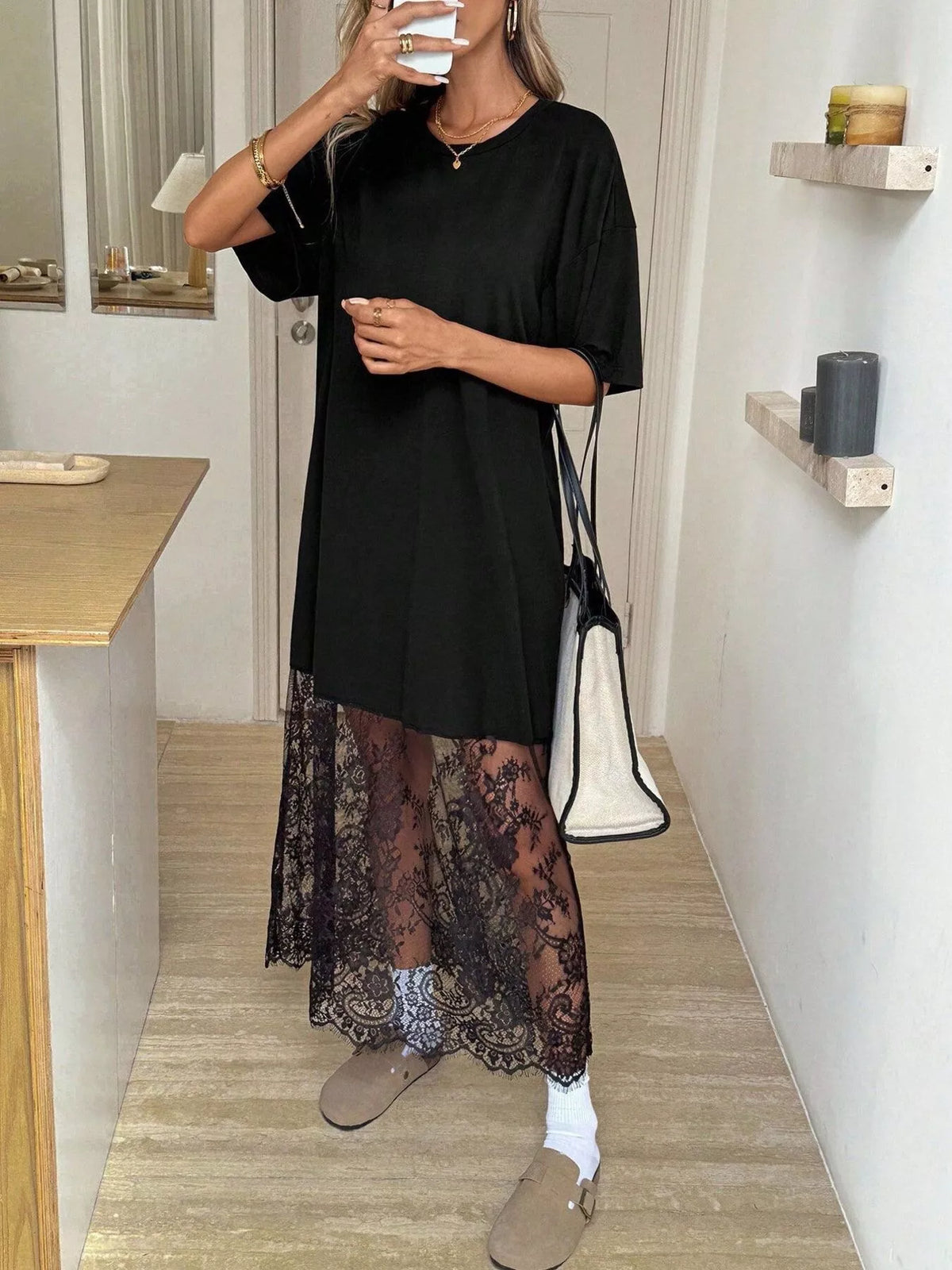 Floral Lace-Hem Tee Dress in Black