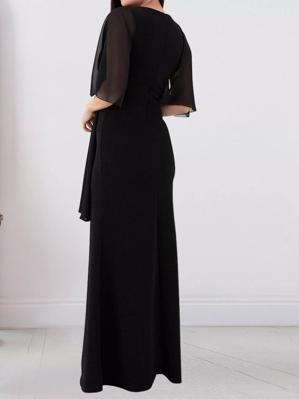 Slit Flutter Sleeve Maxi Dress in Black
