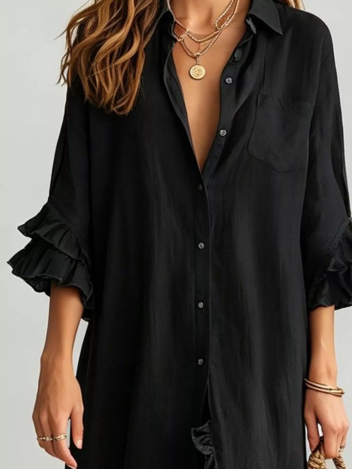 Ruffled Trim Button-Down Maxi Shirt Dress