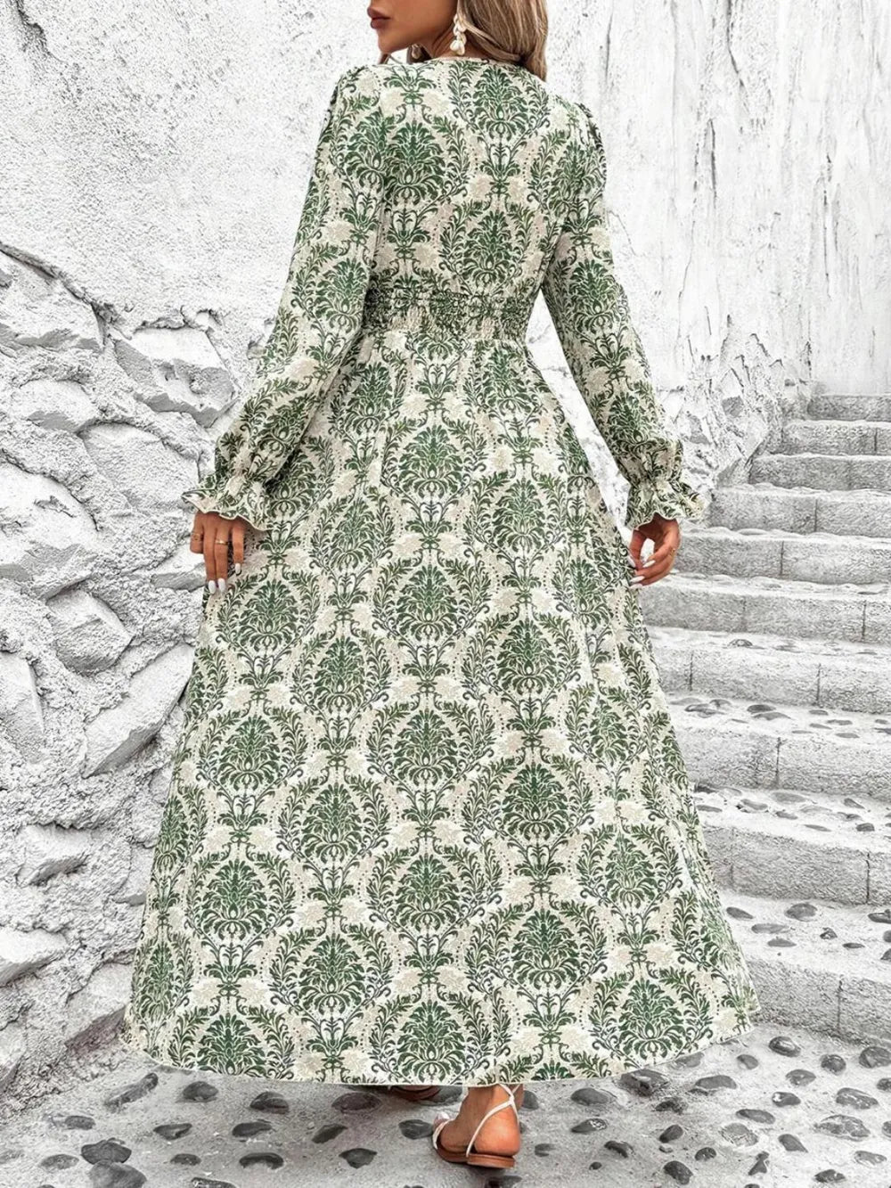 Smocked V-Neck Flounce Sleeve Dress