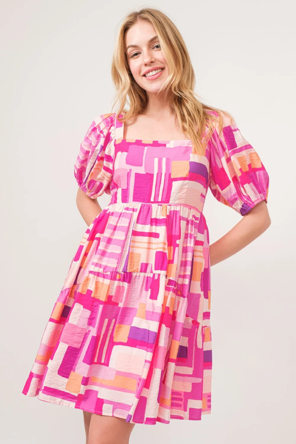 And The Why Color Block Puff Sleeve Dress in Pink Multi