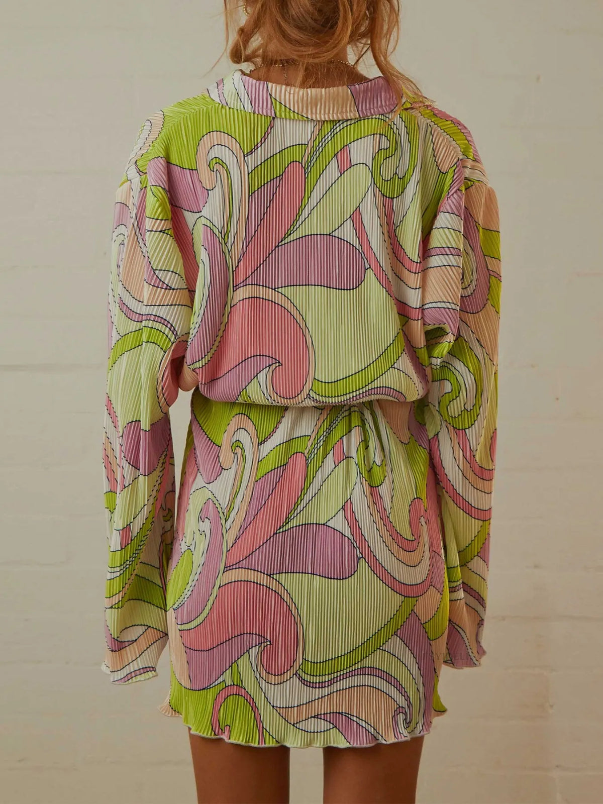 Printed Long-Sleeve Button-Front Mini Dress