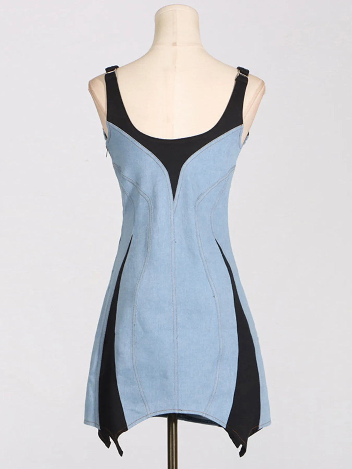 Contrast Adjustable Strap Denim Dress in Blue