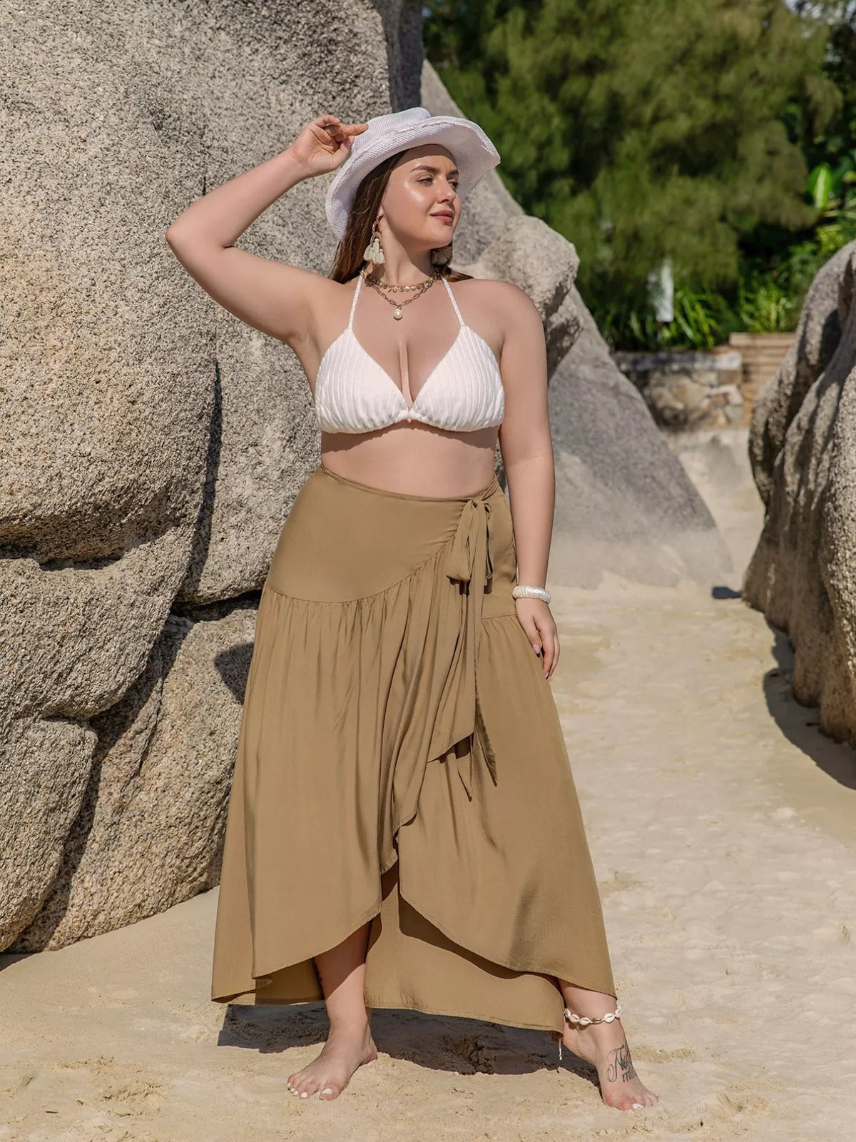 Plus Size High-Low Skirt in Camel