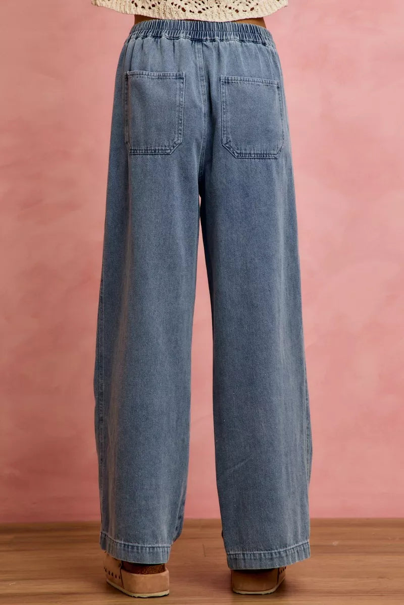 So Me Ruffled Front Wide Leg Jeans in Denim