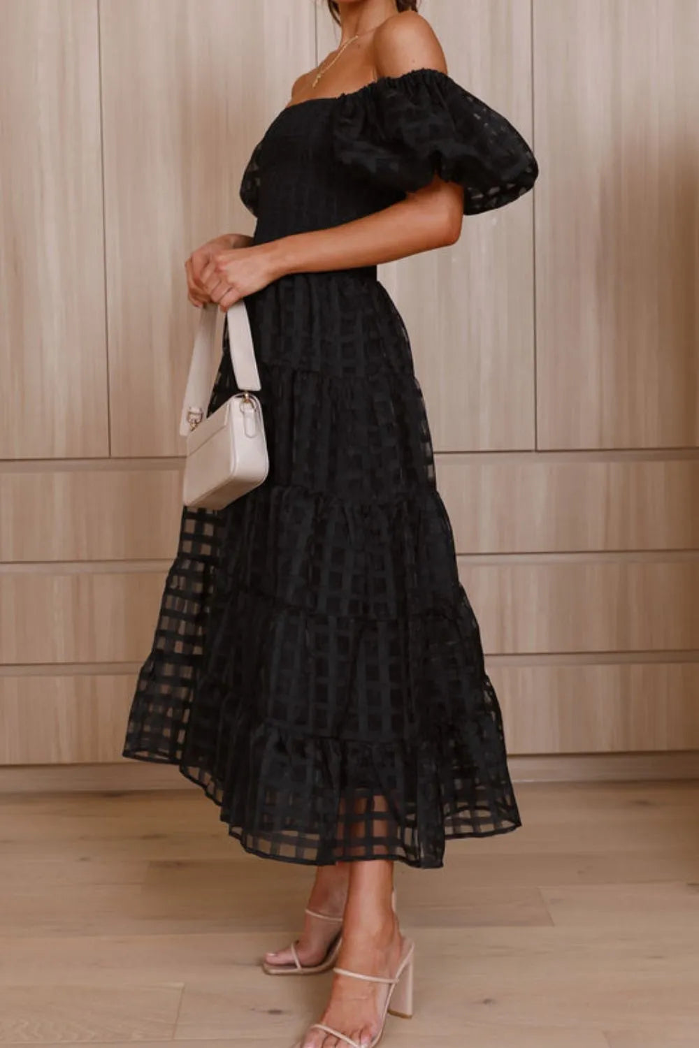 Off Shoulder Puff Sleeve Midi Dress