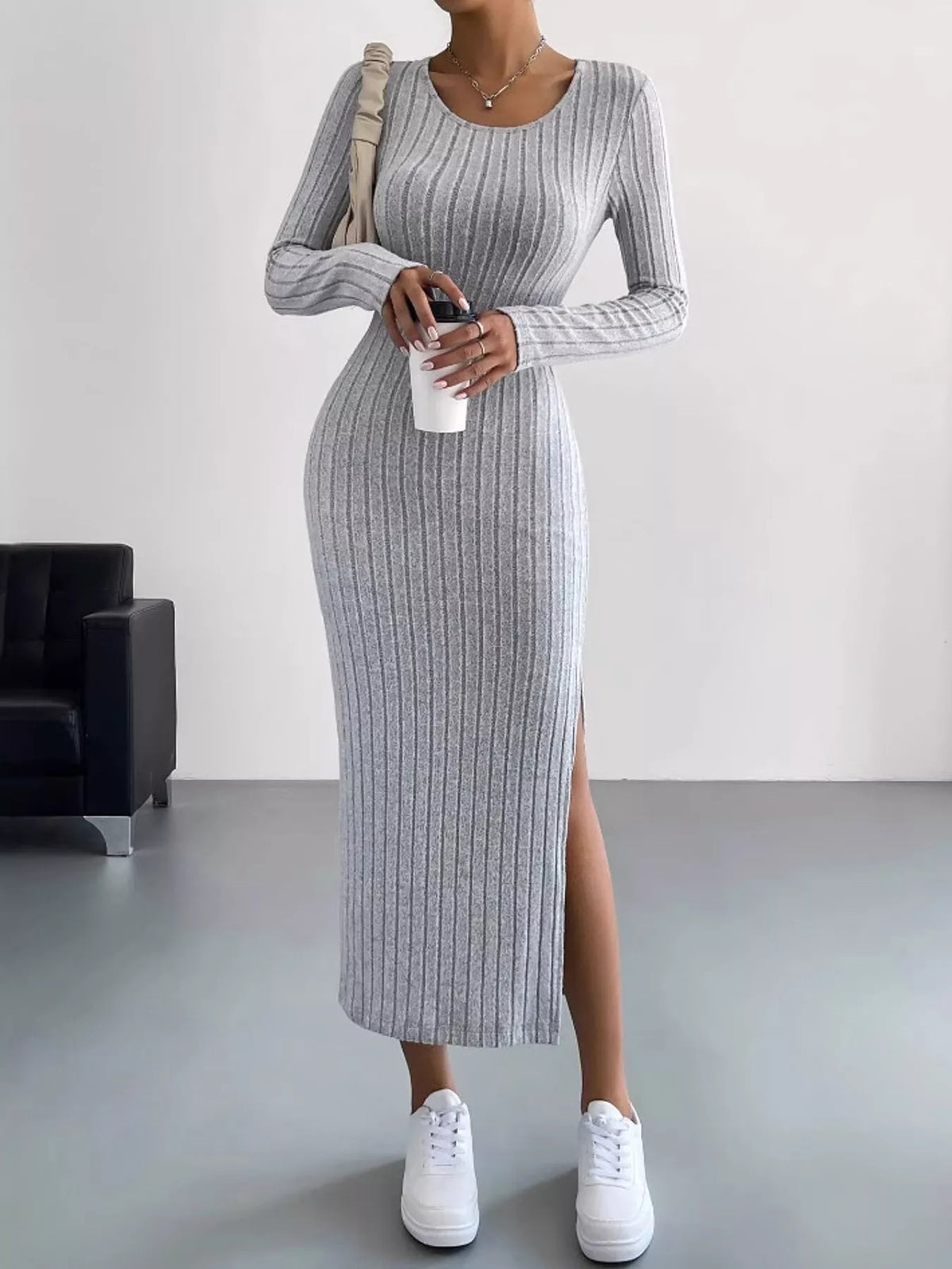 Side Slit Ribbed Knit Dress