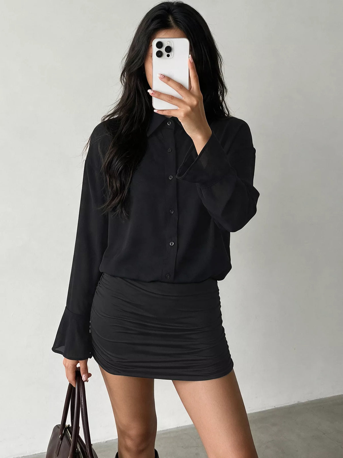 Button-Front Flounce-Sleeve Shirt Dress in Black