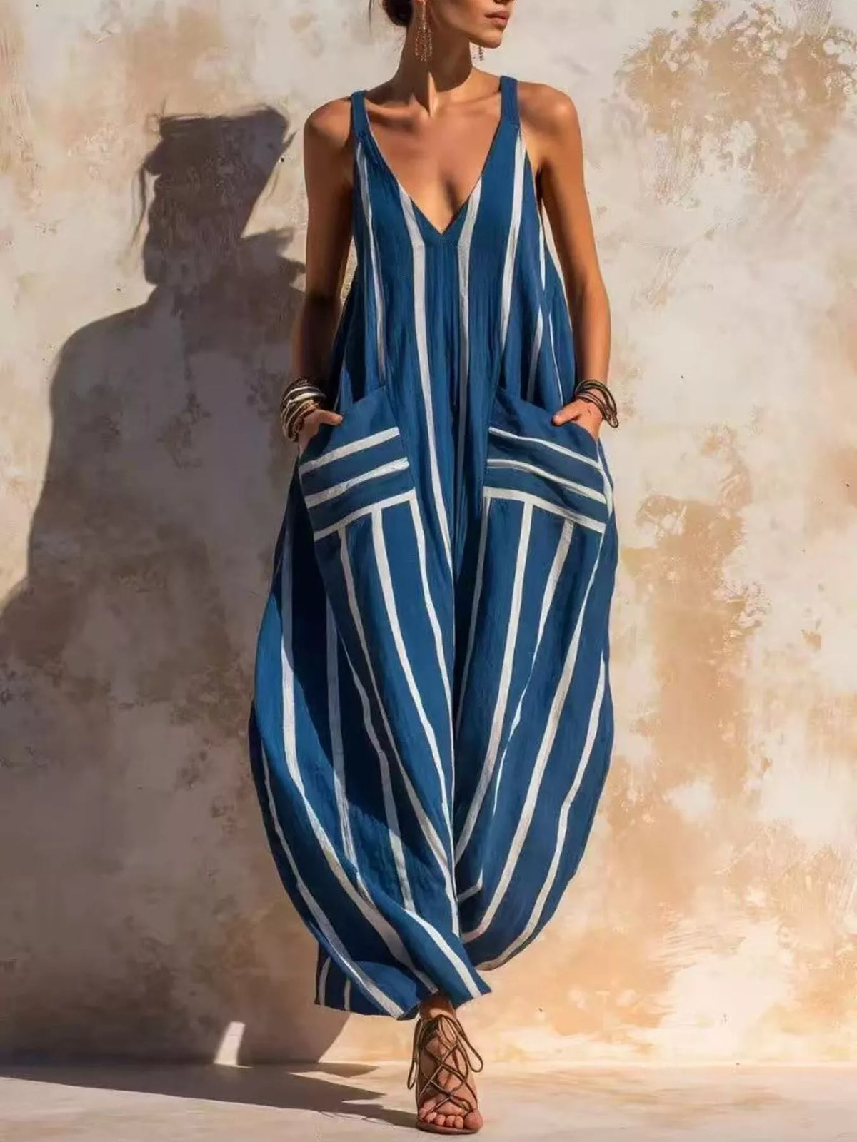Striped V-Neck Sleeveless Wide-Leg Jumpsuit