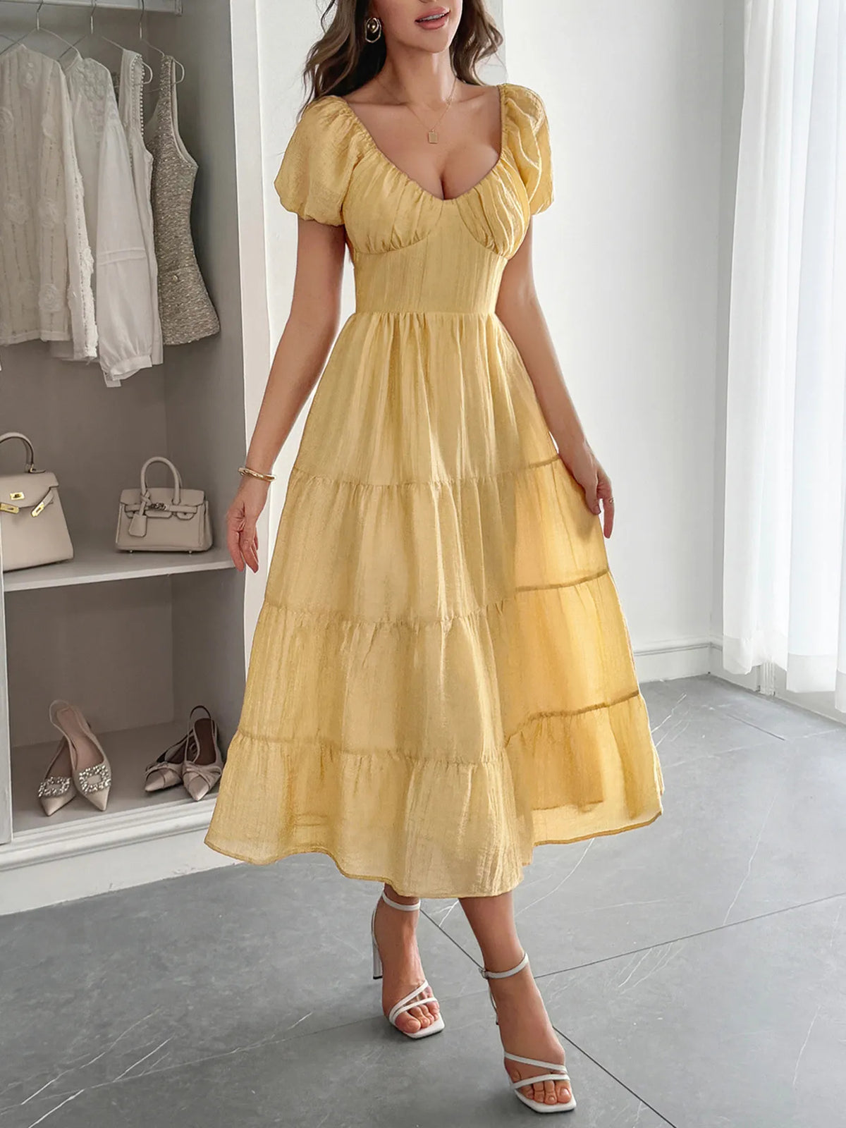 Backless V-Neck Midi Dress in Yellow