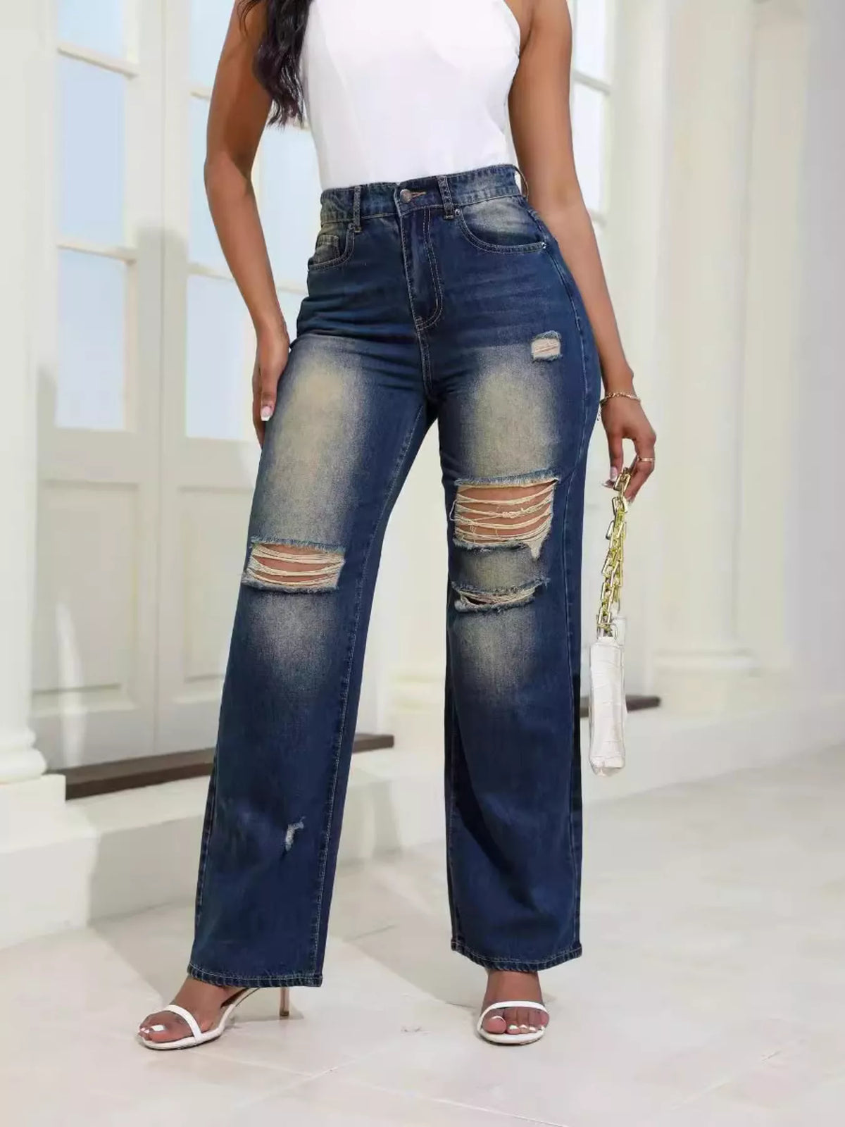 High-Waisted Distressed Wide-Leg Jeans