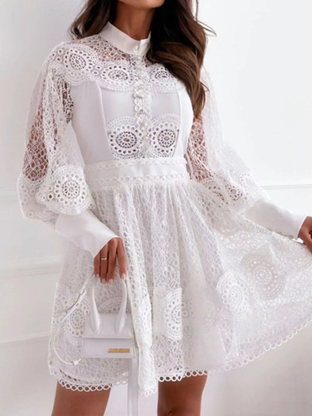 Lace Lantern Sleeve Mini Dress