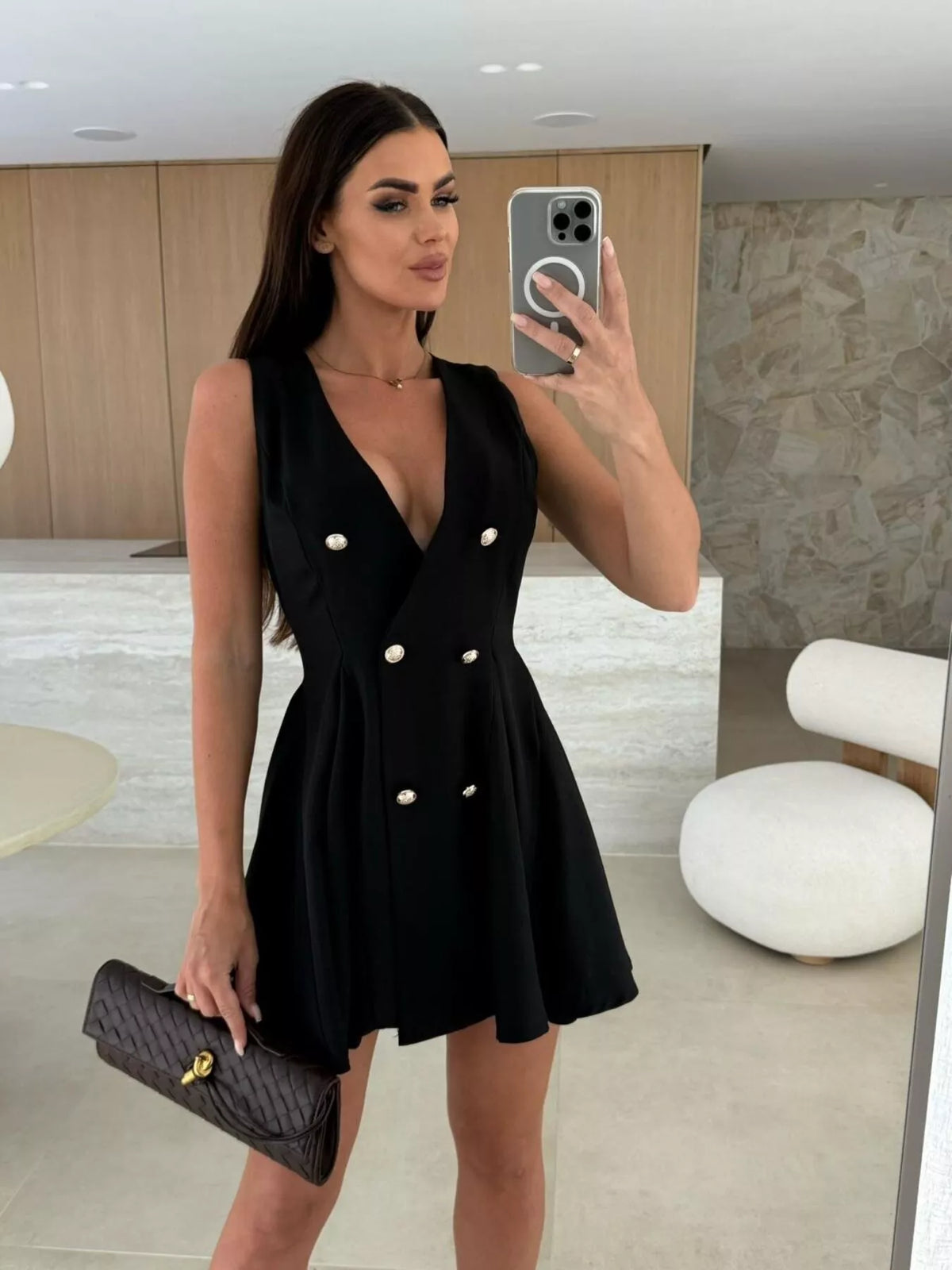 Double-Breasted V-Neck Pleated Mini Dress