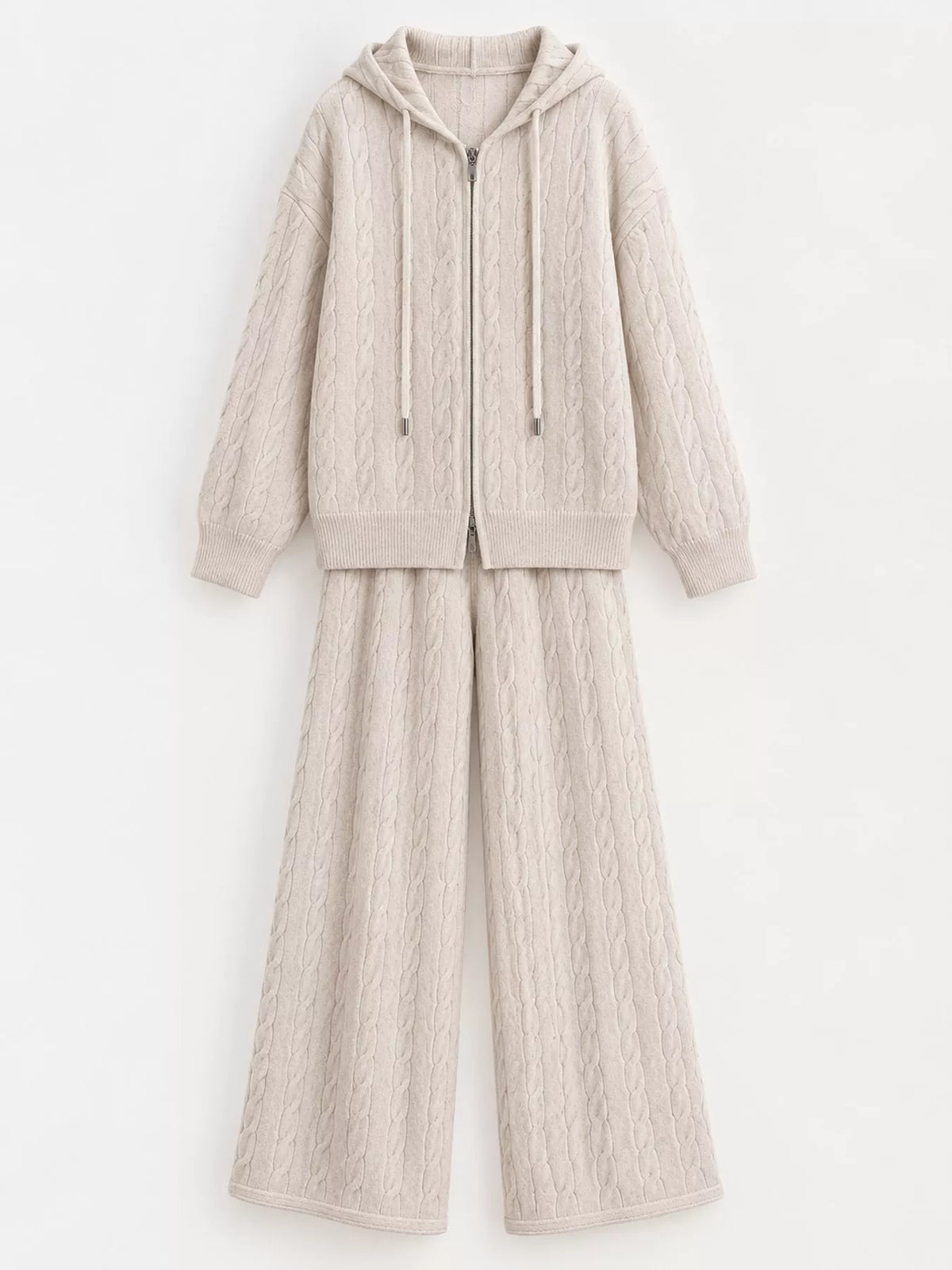 Cable Knit Zip-Up Hooded Cardigan and Wide-Leg Pants Set