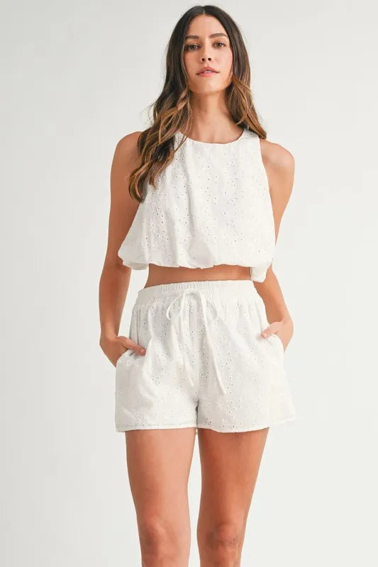 Eyelet Bubble Hem Top and Shorts Set in Off White