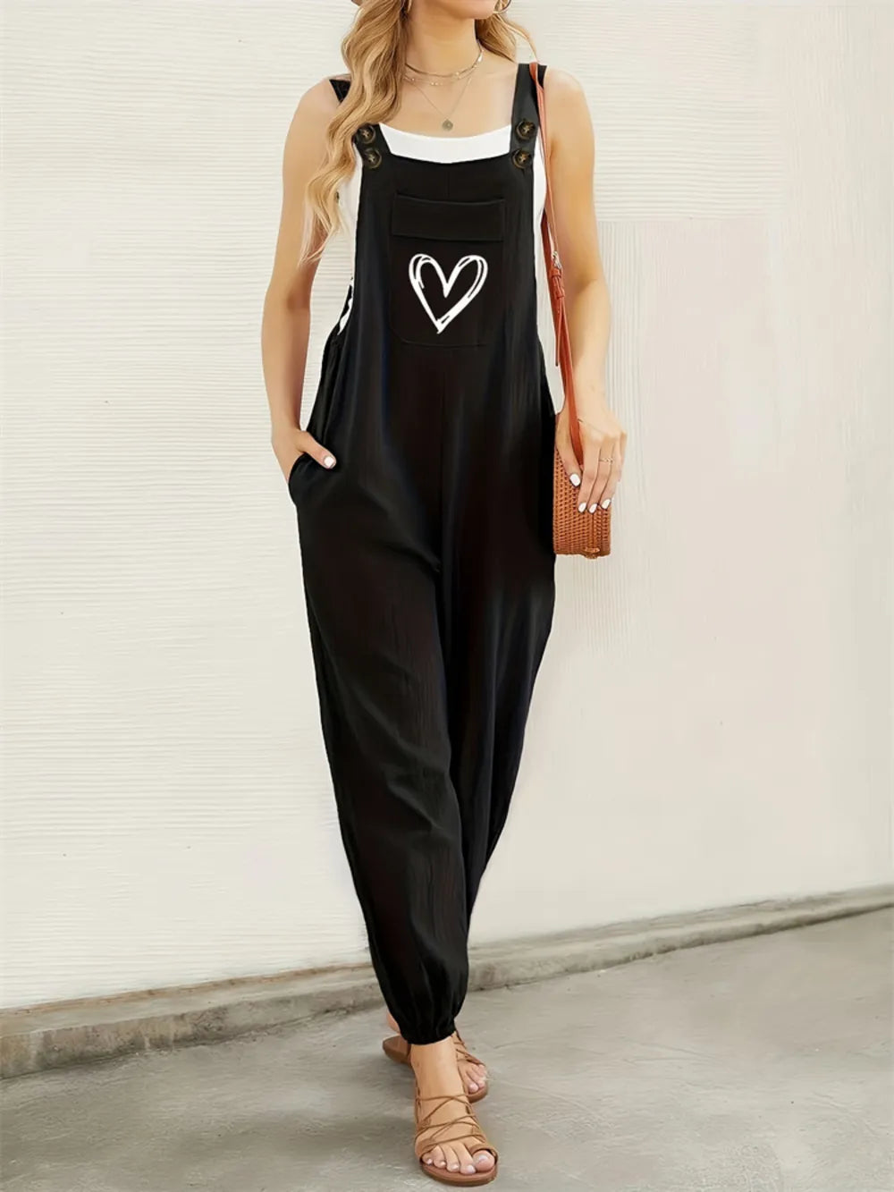 Heart Square Neck Wide Strap Overalls in Black