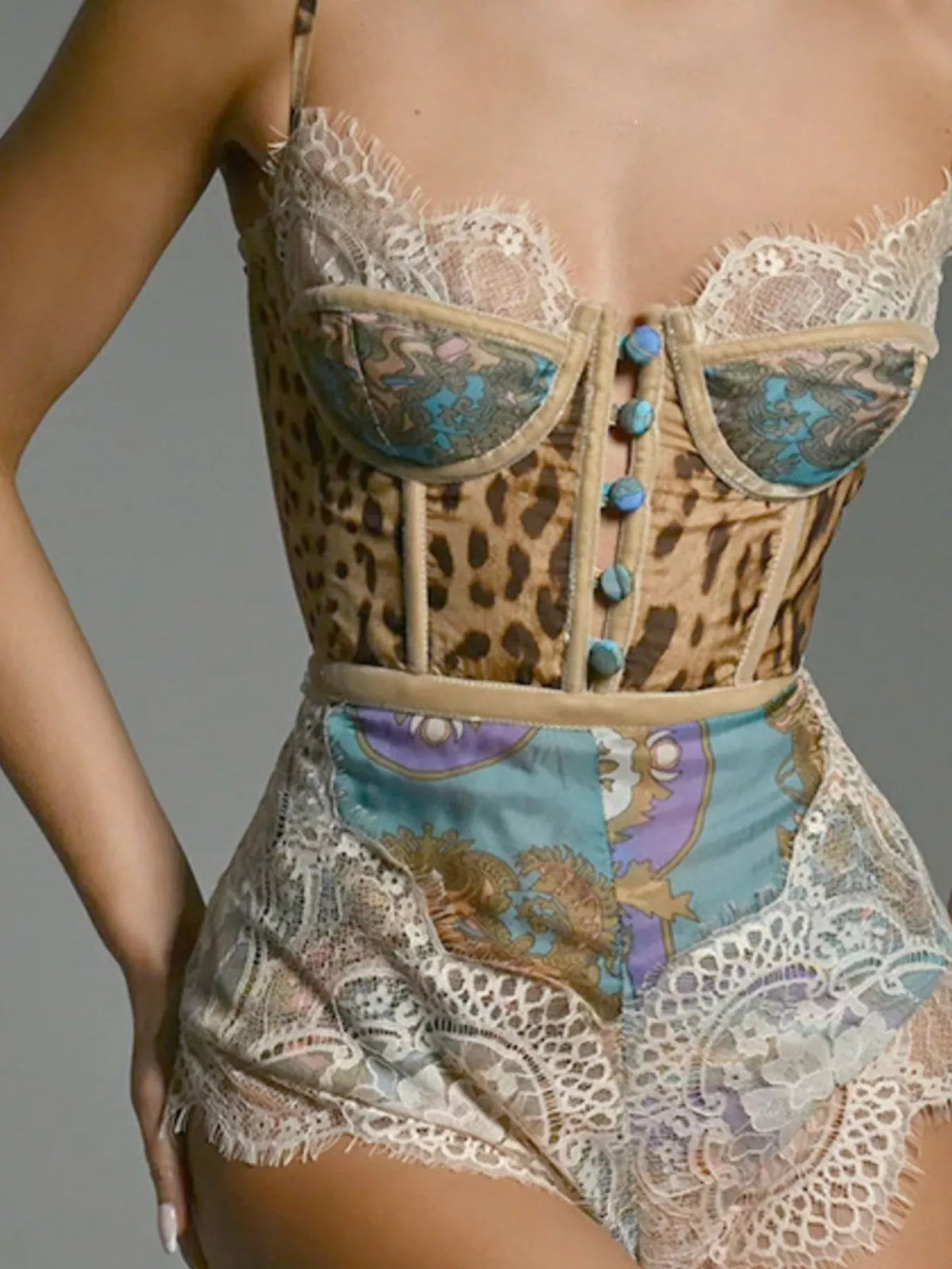 Leopard Print Lace-Trim Romper in Multicolor