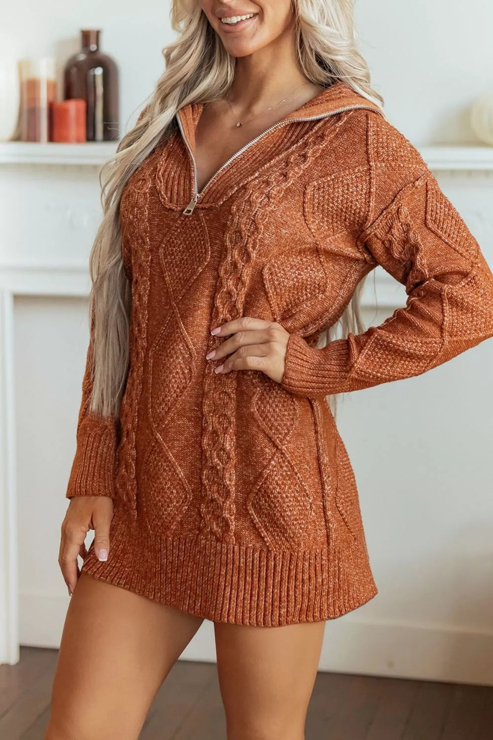 Zip-Up Cable Knit Drop Shoulder Sweater Dress in Caramel