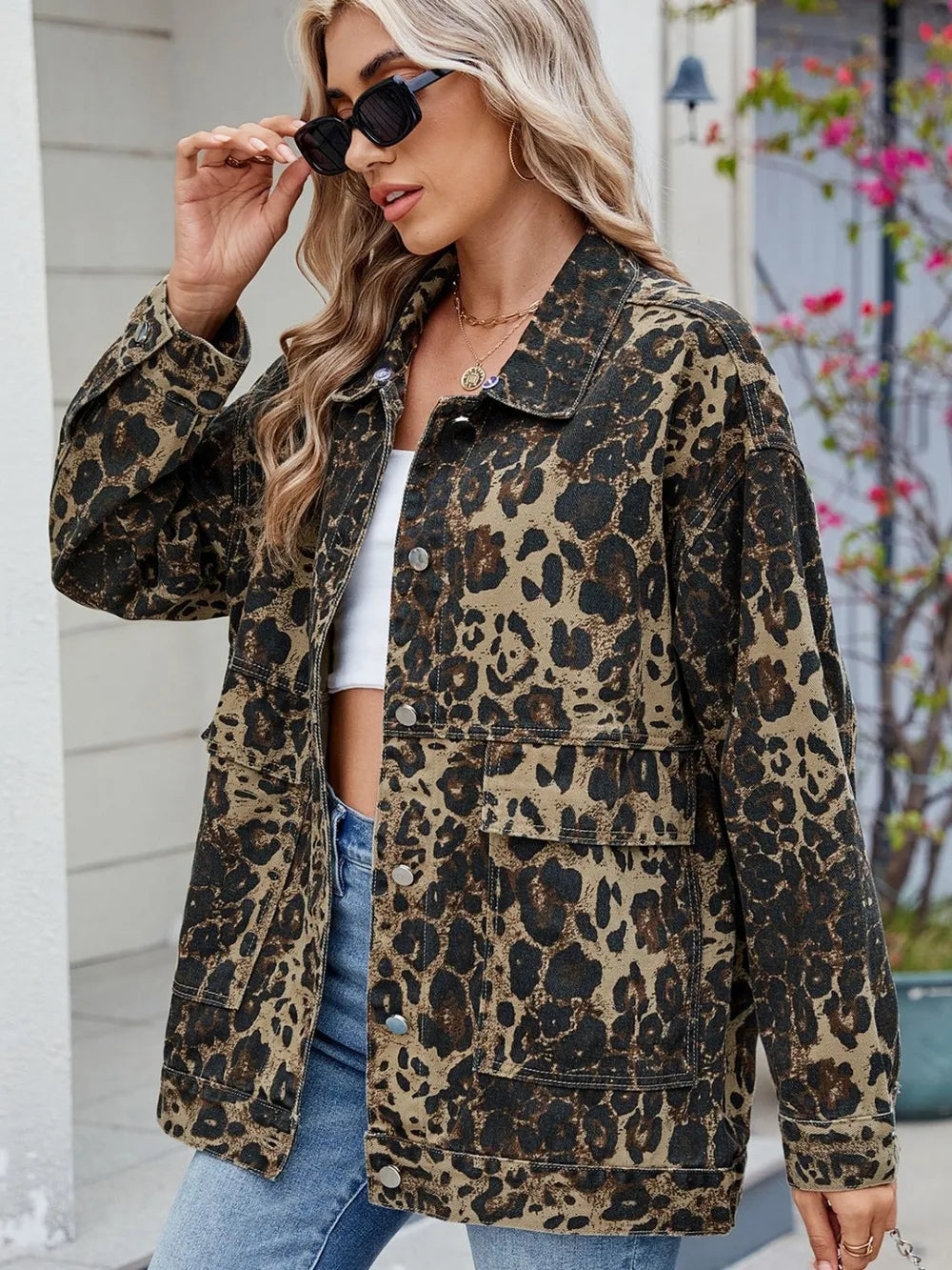 Leopard Print Denim Jacket with Removable Hat by Moni Wear