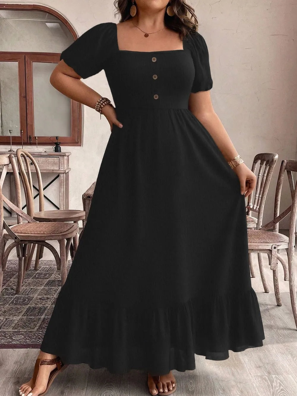 Ruffled Hem Square Neck Dress in Black
